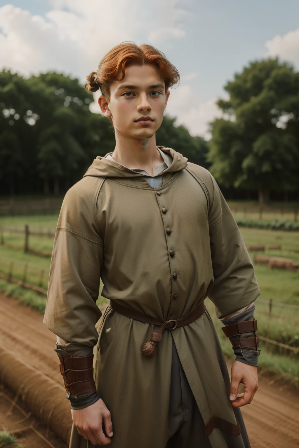 England, 1337. A young ((((16-year-old)) Wulfric)), rustic boy, strong, angular features, serious, kind, wakling through the farm. ((((clothings from the 1300s)))), ((ginger hairstyle of the 1300s))