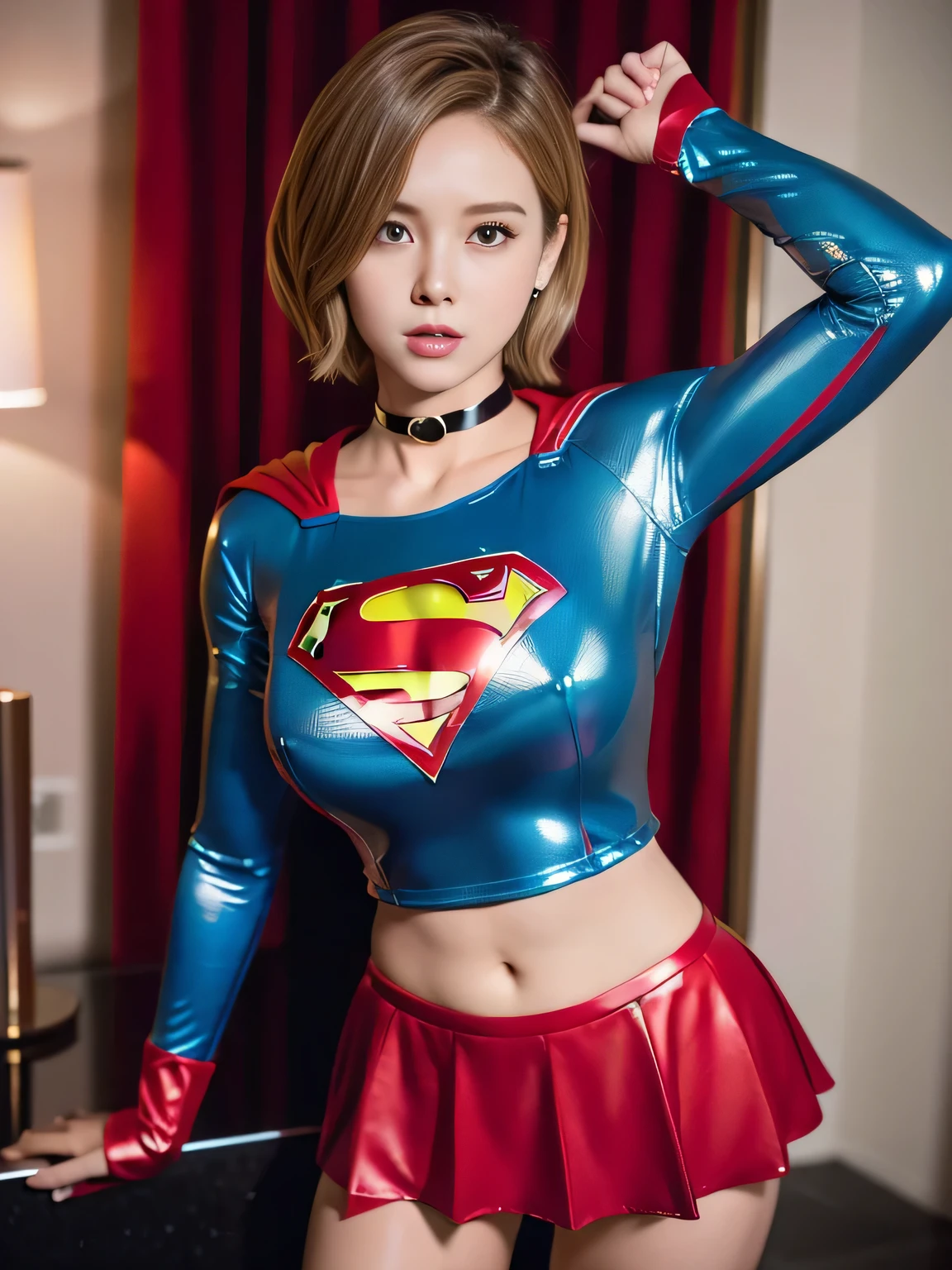 masterpiece、Shorthair Supergirl、big and full breasts、look at the camera、shiny costume、choker、red mini skirt、long sleeve、manga cover、obscene、seductive pose、provocative、sensational
