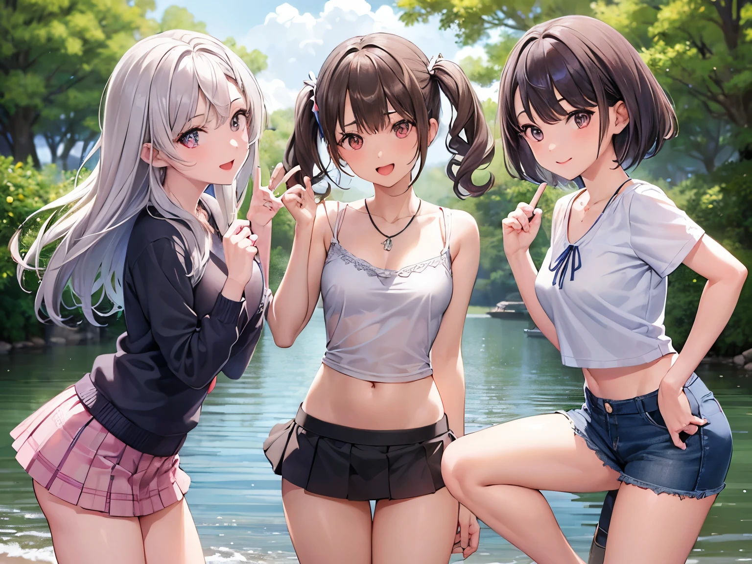 ((highest quality)), ((masterpiece)), (3 woman:1.5), cute woman are posing for a camera, (in the water), (Lifting SHIRT:1.3), (open your mouth and laugh:1.3), ray tracing, ((tits), (small nipples), nipples, breasts, hair band, headband, hair bobbles, blouse, shirt, (High definition thighs), (stand in a line), 12 talents、13 years old、14 years old、15 years old、((no panties)), pussies, no skirts, Asian, Westerner, silver hair, brown hair, blond hair, (navel), jewelry, looking at viewer, necklace, long hair, short hair, (abs),(Depth of the bounds written), (My skirt is completely blown up by the strong wind.:1.2),