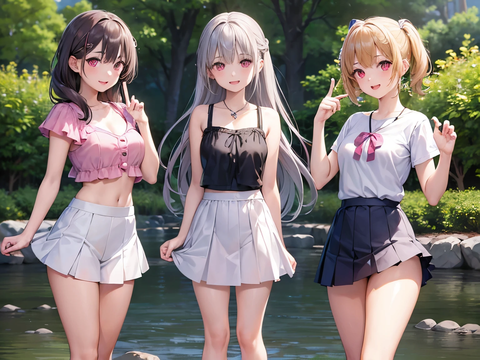 ((highest quality)), ((masterpiece)),(Noble), (Cute baby girl), (3 girls:1.8), cute three girls are posing for a camera outdoors in the water, 自分のshirtをめくる, flip one up&#39;skirt,３stand next to someone, (Close-up shot from the knee:1.3), perfect face, smile, (open your mouth and smile:1.3), embarrassed look, (precise fingers:1.3), hair band, head band, hair bobble, blouse, shirt, I can see your underwear, I can see the shorts, (pastel colored underwear), high resolution eyes, accurate eyes, (high resolution eyes:1.8), (High definition finger 1.8), light smile, small chest, chest, realistic, 5 years old, 6 years old, 7 years old, knee socks, short skirt, Asian, Westerners, silver hair, brown hair, blonde, belly button, jewelry, looking at the viewer, necklace, water, , Wet, long hair, short hair, abs,