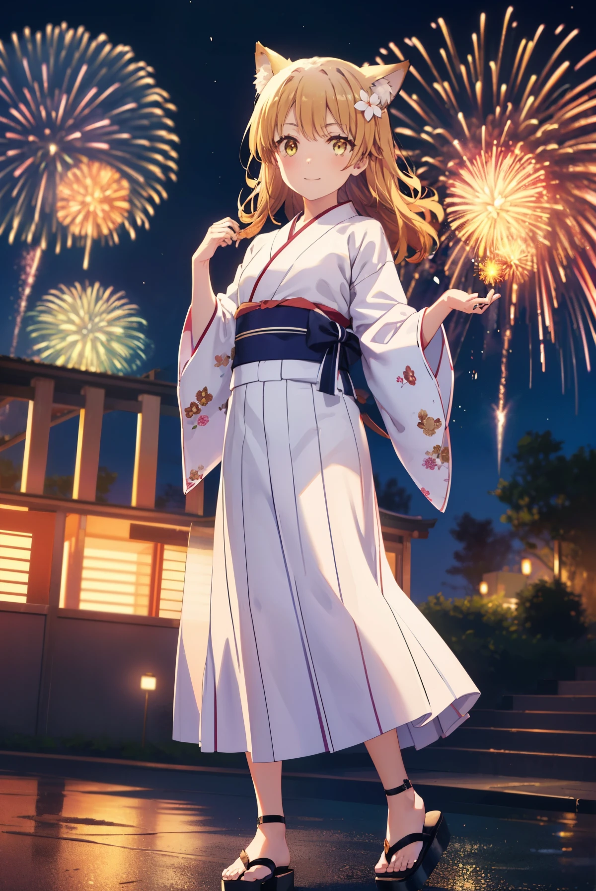 irohaisshiki, Isshiki Iroha, long hair, brown hair, (brown eyes:1.5), smile,animal ears fox ears,Animal tail fox tail,flower hair ornament,Yukata with yellow floral pattern,long skirt,Zori sandals,firework in the night sky,firework,The place is a firework display,Time is night,sunny day,So that the whole body is included in the illustration,
break outdoors, 神社
break looking at viewer,
break (masterpiece:1.2), highest quality, High resolution, unity 8k wallpaper, (shape:0.8), (beautiful and detailed eyes:1.6), highly detailed face, perfect lighting, Very detailed CG, (perfect hands, perfect anatomy),