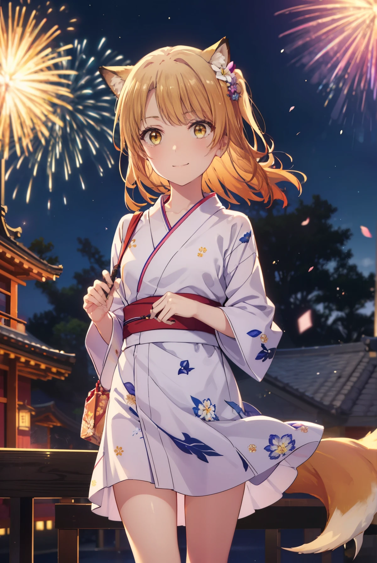 irohaisshiki, Isshiki Iroha, long hair, brown hair, (brown eyes:1.5), smile,animal ears fox ears,Animal tail fox tail,flower hair ornament,Yukata with yellow floral pattern,long skirt,Zori sandals,firework in the night sky,firework,The place is a firework display,Time is night,sunny day,So that the whole body is included in the illustration,
break outdoors, 神社
break looking at viewer,
break (masterpiece:1.2), highest quality, High resolution, unity 8k wallpaper, (shape:0.8), (beautiful and detailed eyes:1.6), highly detailed face, perfect lighting, Very detailed CG, (perfect hands, perfect anatomy),