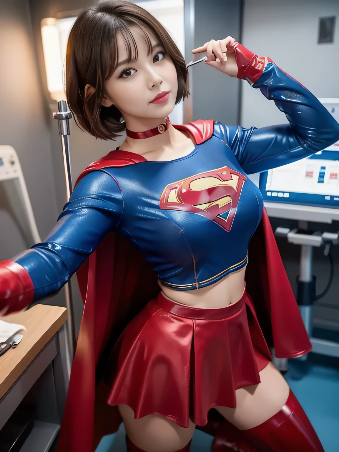 masterpiece,Short-haired Supergirl shows off her thighs on the hospital operating table、big and full breasts、look at the camera、shiny enamel costume、Gorgeous red enamel long boots、shiny red skirt、choker、long sleeve、Fluttering cloak、seductive gesture、sexy pose