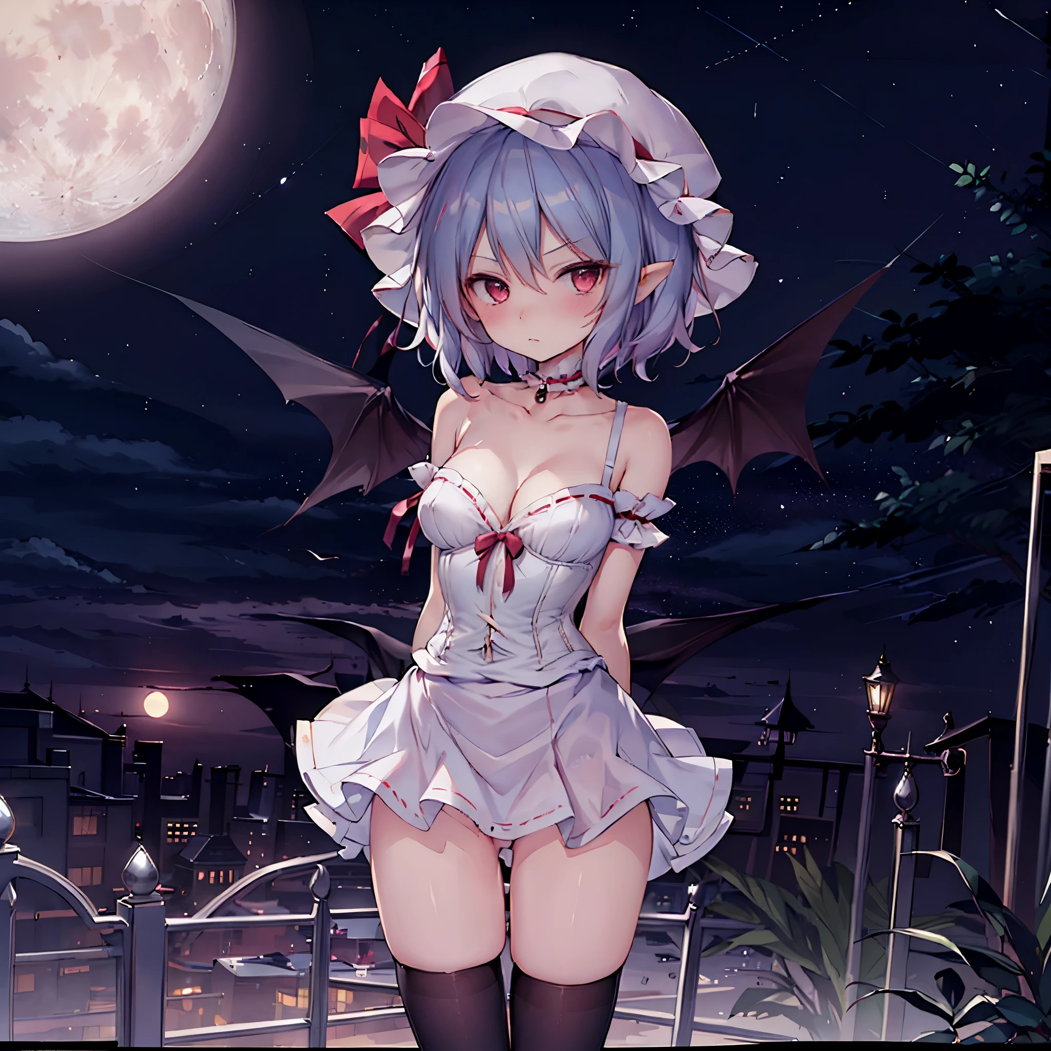 (solo Remilia toho character standing on the deck of mansion:1.3), (solo:1.2), skinny, a full moon, midnight, BREAK, short hair, collarbone, (emphasize small very perky breasts:1.3), (emphasize cleavage:1.2), (inconceivably thin narrow waist:1.3), (very short thin torso:1.2), very long (thin legs), emphasize thigh gap, (arms behind back:1.2), BREAK, (very short sheer white dress squeeze breasts:1.2), (dress lift breasts up:1.2), (inconceivably wiry narrow brown corset cinches waist too tight:1.5), (frilled too short white miniskirt), (light blue thighhighs), BREAK, nose blush