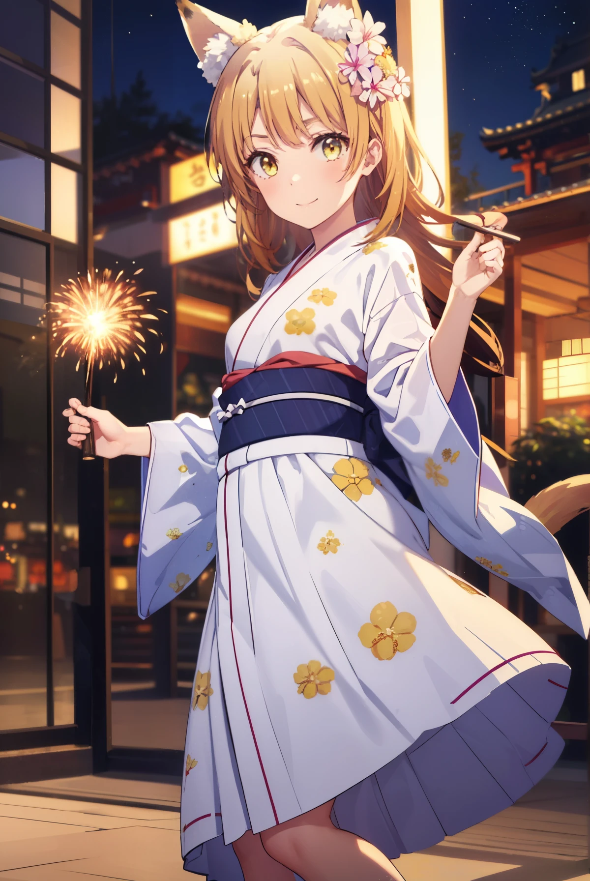 irohaisshiki, Isshiki Iroha, long hair, brown hair, (brown eyes:1.5), smile,animal ears　fox ears,Animal tail　fox tail,flower hair ornament,Yukata with yellow floral pattern,long skirt,Zori sandals,firework in the night sky,firework,The place is a firework display,Time is night,sunny day,So that the whole body is included in the illustration,
break outdoors, 神社
break looking at viewer,
break (masterpiece:1.2), highest quality, High resolution, unity 8k wallpaper, (shape:0.8), (beautiful and detailed eyes:1.6), highly detailed face, perfect lighting, Very detailed CG, (perfect hands, perfect anatomy),