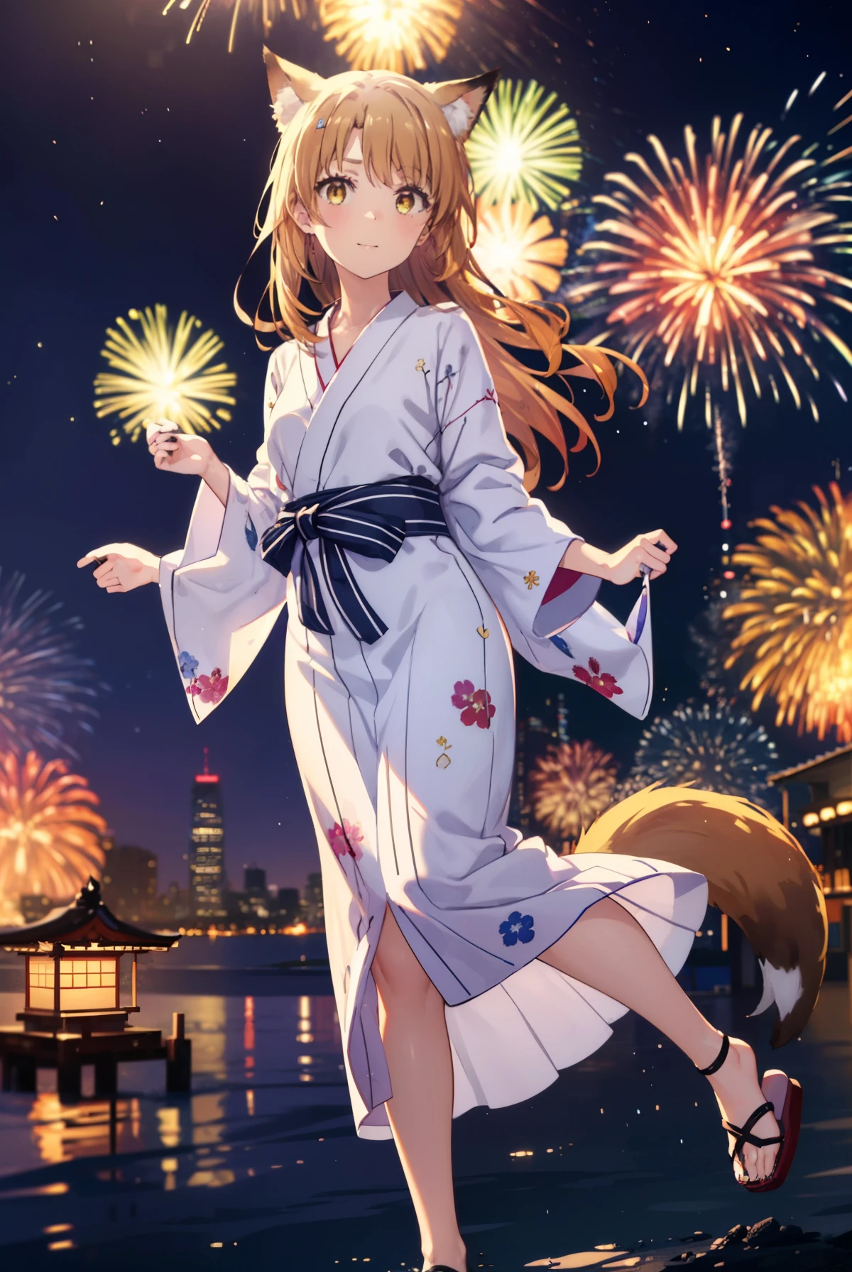 irohaisshiki, Isshiki Iroha, long hair, brown hair, (brown eyes:1.5), smile,animal ears fox ears,Animal tail fox tail,flower hair ornament,Yukata with yellow floral pattern,long skirt,Zori sandals,firework in the night sky,firework,The place is a firework display,Time is night,sunny day,So that the whole body is included in the illustration,
break outdoors, 神社
break looking at viewer,
break (masterpiece:1.2), highest quality, High resolution, unity 8k wallpaper, (shape:0.8), (beautiful and detailed eyes:1.6), highly detailed face, perfect lighting, Very detailed CG, (perfect hands, perfect anatomy),