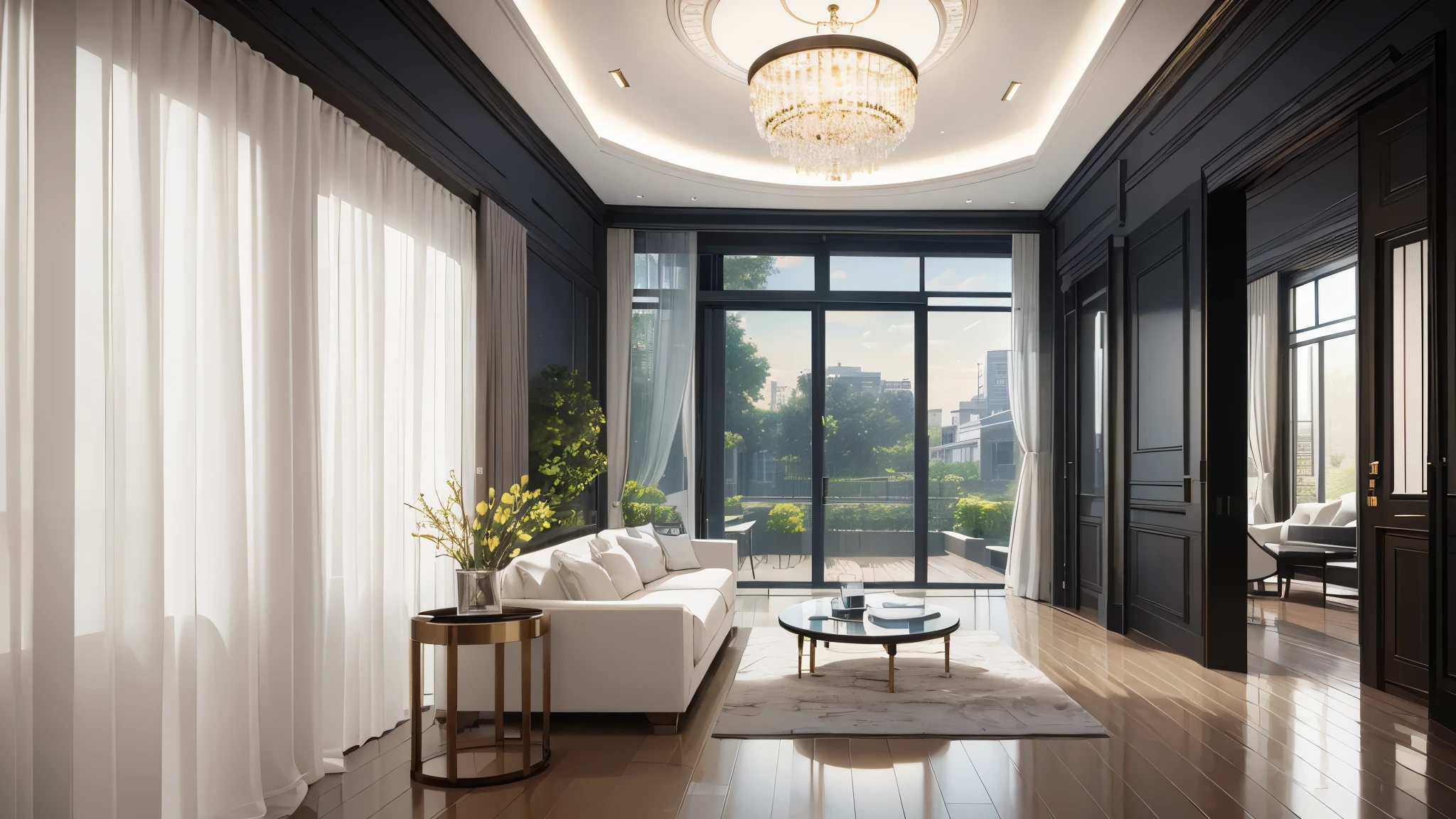 you are a famous interior designer、I was asked to create a 3D image of a large modern room.。. Create a harmonious environment with modern and minimalist furniture. Including garden interior.