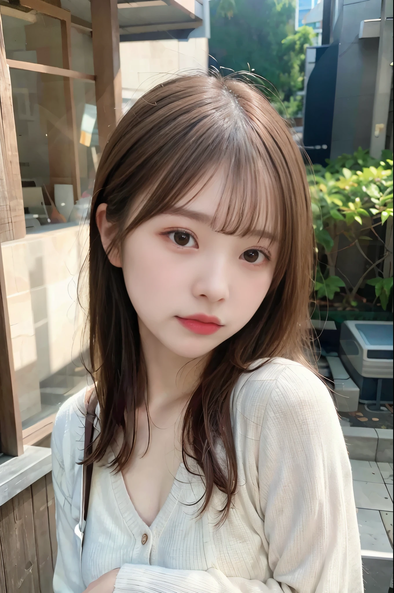 ((masterpiece,best quality 1.4)), (8k,RAW photo:1.2), (realistic,photo realistic:1.4), ultra high res , (extremely detailed 8k wallpaper) ,Japanese idol, japanese actress, japanese, very cute, big eyes, extremely detailed eyes and face, eyes with beautiful details,shiny skin,portrait,(medium hair and straight hair :1.2), professional lighting, sharp focus, depth of field , blur background, bokeh,(white sweater)