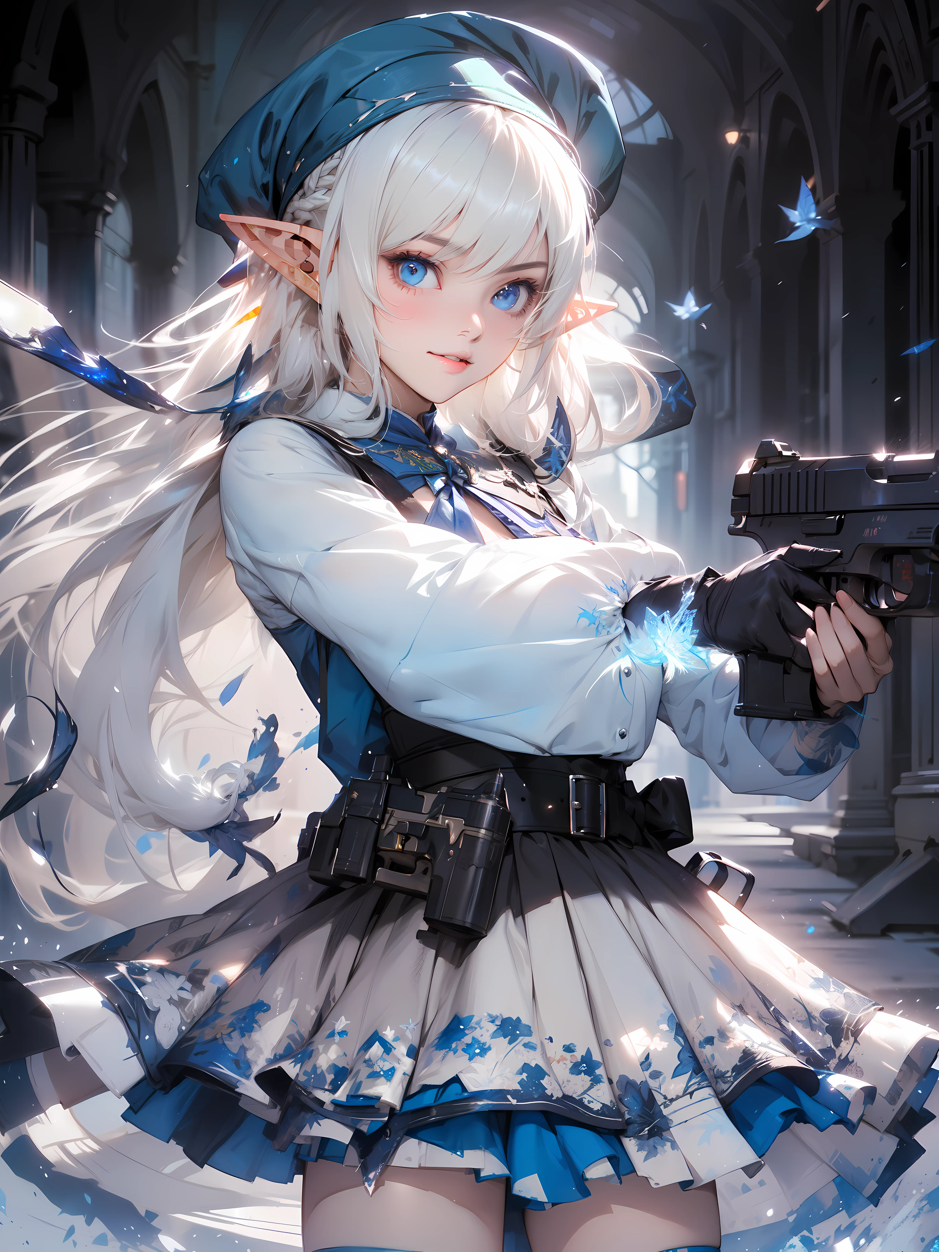 A portrayal of a sweet elf girl standing with a gun in hand, radiating a sense of determination and strength, style by Yoji Shinkawa, full body, dynamic pose, perfect ???????, Fantasy art style, soul, approach to perfection, cell shading, 8k, cinematic dramatic atmosphere, watercolor painting, BREAK,
perfect face, details eye, ((elf:1.4)), (1girl), (hairstyle:1.6), (messy hair), (white hair), Plump lips, blue eyes, happy expression, medium breast.