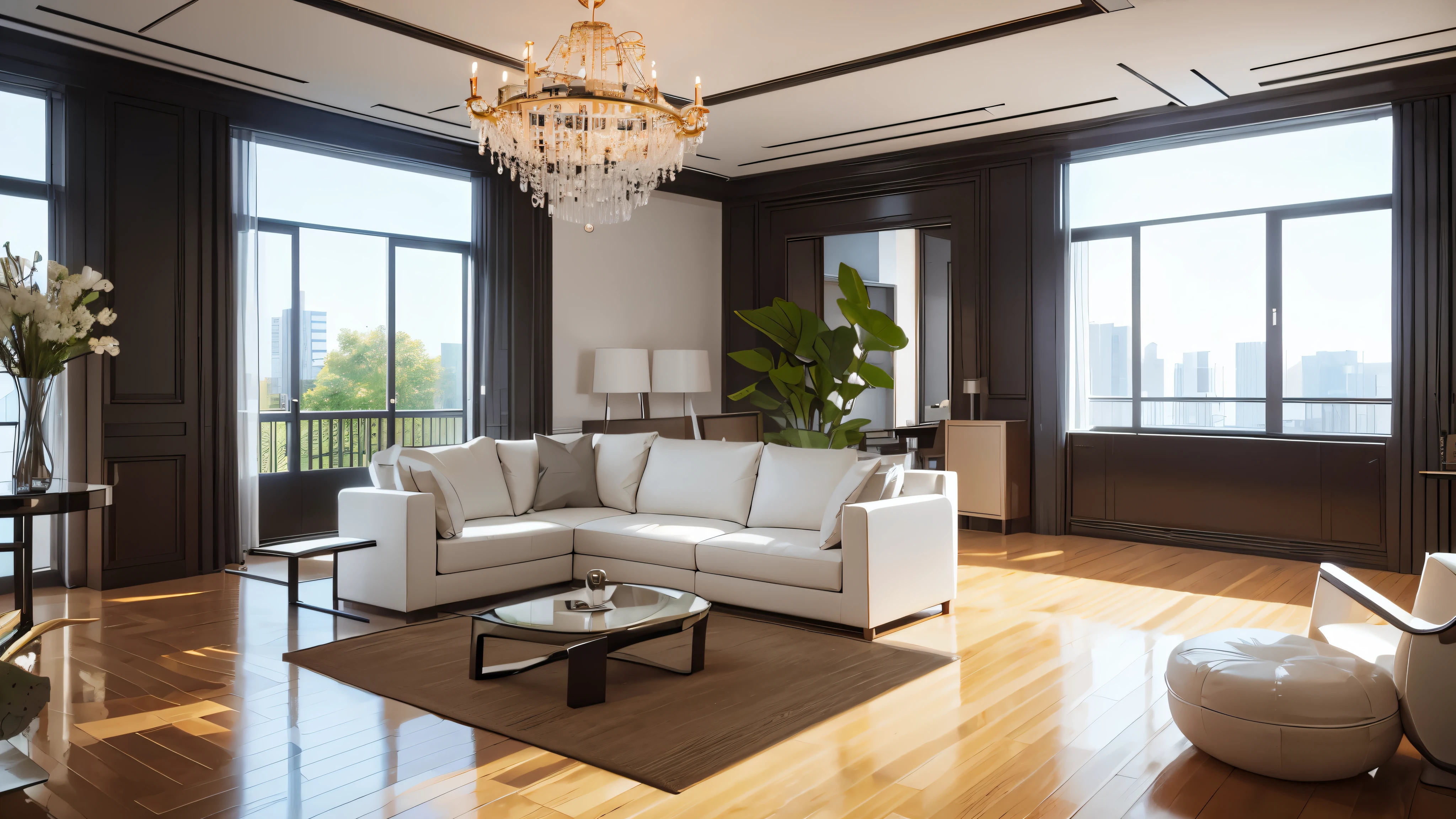 you are a famous interior designer、I was asked to create a 3D image of a large modern room.。. Create a harmonious environment with modern and minimalist furniture. Including garden interior.