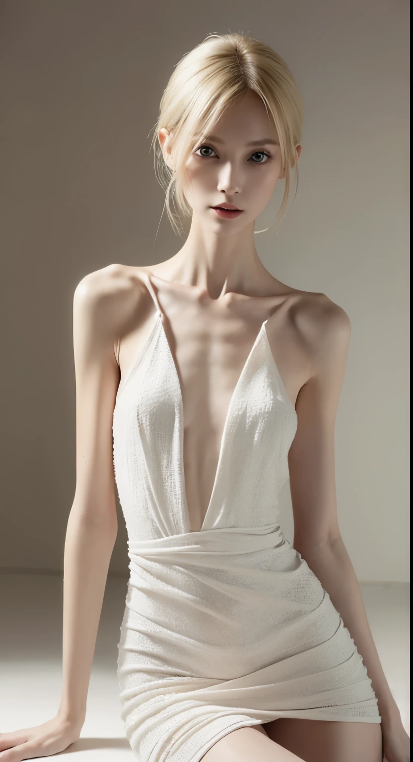 anorexia pictures, emaciated, Very slender female model wearing a white dress, Blonde hair, full-shot, Incredibly slender body, very slender body, Emaciated body, Smallest waist ever, well-defined clavicle, well-defined hip bones, well-defined ribcage, extremely thin arms and legs, weak and fragile body, masutepiece, Anatomically correct, Textured skin, Super Detail, high details, High quality, Best Quality,robe blanche,crouching down,フェラティオ