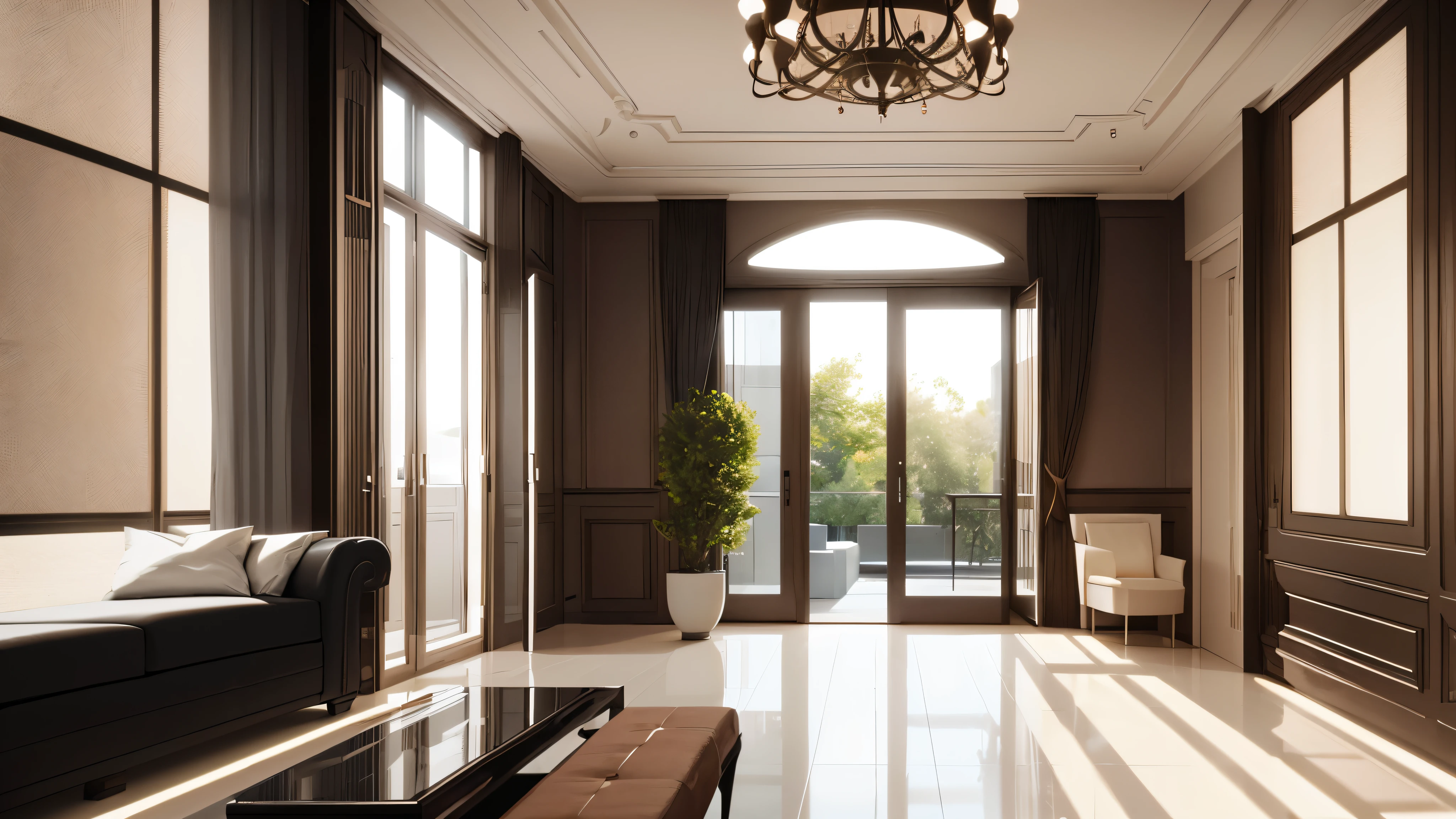 you are a famous interior designer、I was asked to create a 3D image of a large modern room.。. Create a harmonious environment with modern and minimalist furniture. Including garden interior.