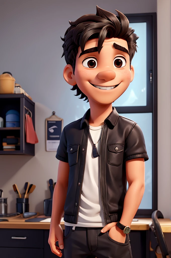 quero um desenho de um de 25 anos sorrindo, de cabelos preto, with cell phone on hand