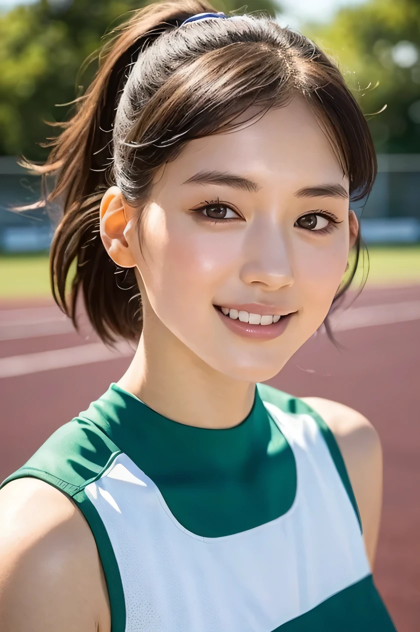 one girl, (a beauty girl, delicate girl:1.3), (************, gal:1.3), (green sports wear:1.2), very fine eye definition, (symmetrical black eyes:1.3), stare at the camera, A big smile, show teeth, (trackfield view:1.2), small breasts, brown short hair, girl, (eyes and faces with detailed:1.5), (masterpiece, best quality, ultra detailed, detailed face, 8k), cowboy shot from the upper, Swayback stance