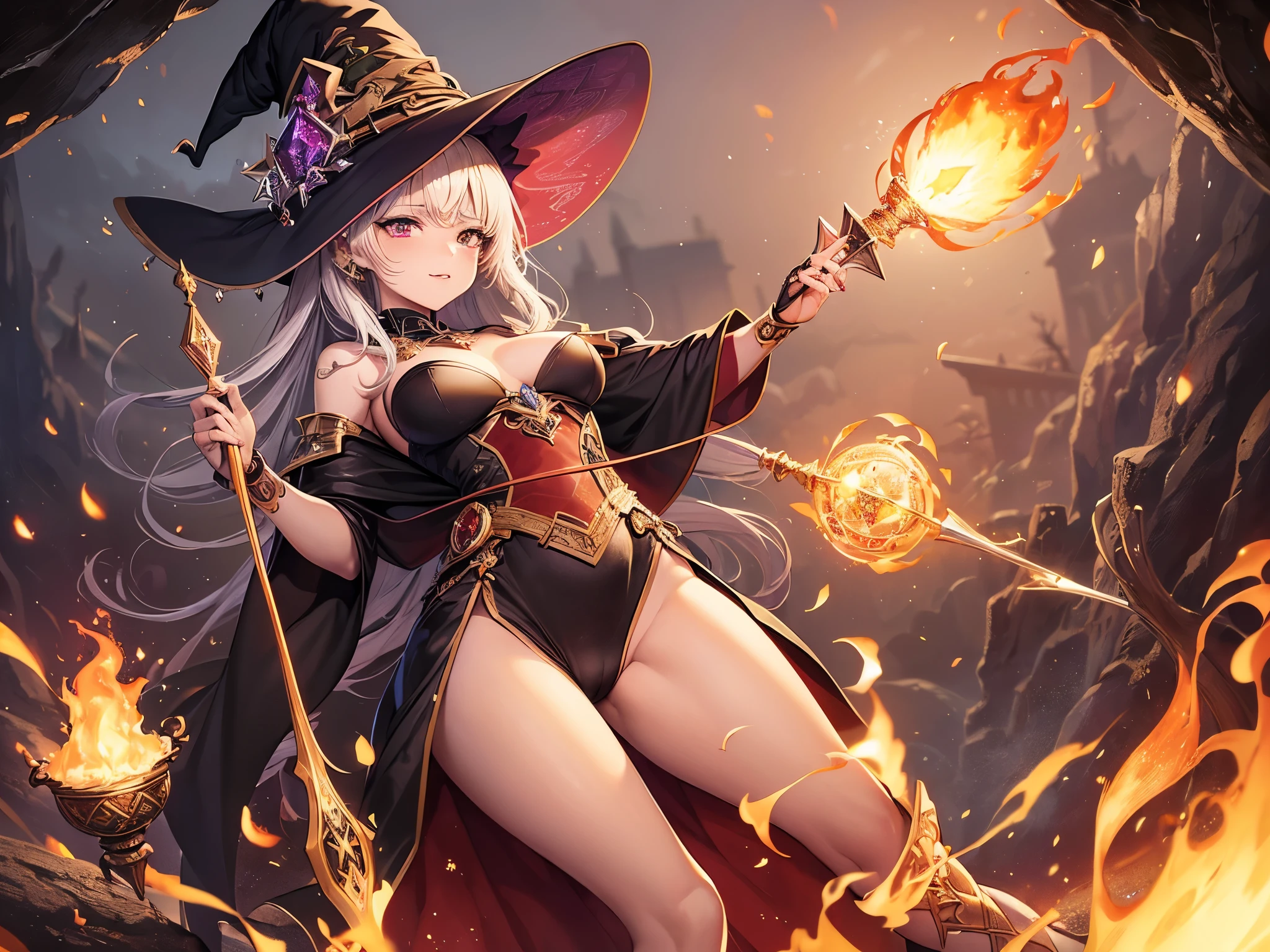 ((highest quality)),(ultra high resolution),(Super detailed),(detailed description),((best CG)),(best work of art),super precision art,amazing drawing art,(Fantasy art with precise details:1.5), (1 female:1.5),((witch:1.6)),(beautiful and well-shaped face:1.5),(crimson eyes:1.5),(Finely detailed crystal rod:1.6),(ring with sparkling gemstones:1.4),(tattoo imitating runes:1.4), (A detailed and detailed flame magic circle:1.4),(afterimage:1.4),flying flames:1.3,