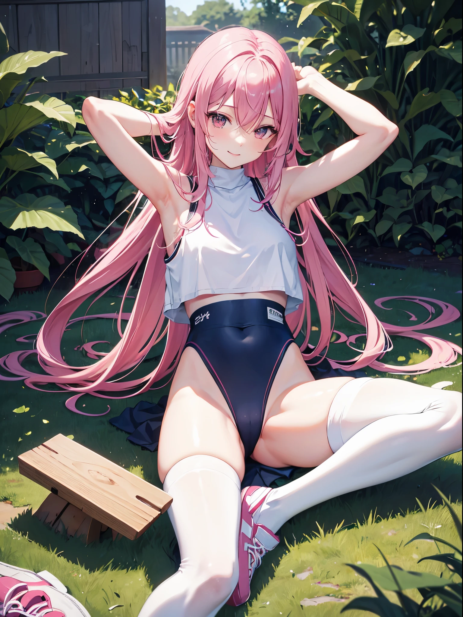 1 girl, (alone:1.2), ((masterpiece)), Slim, , pale skin, ((delicate eyes)), (bokeh effect), sweating,lie on the floor, pink hair, long hair, bare shoulders, armpit, Smile, garden, thong,sports shoes,White over-the-knee stockings,b cup,white girls sports bra,high resolution,Super detailed,marks of strangulation,Slim腿,平lie on the floor,spread legs,Inner bare thighs,The back of the head hits the ground