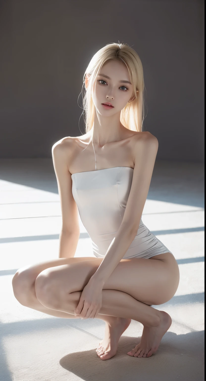 anorexia pictures, emaciated, Very slender female model wearing a white dress, Blonde hair, full-shot, Incredibly slender body, very slender body, Emaciated body, Smallest waist ever, well-defined clavicle, well-defined hip bones, well-defined ribcage, extremely thin arms and legs, weak and fragile body, masutepiece, Anatomically correct, Textured skin, Super Detail, high details, High quality, Best Quality,robe blanche,crouching down,フェラティオ