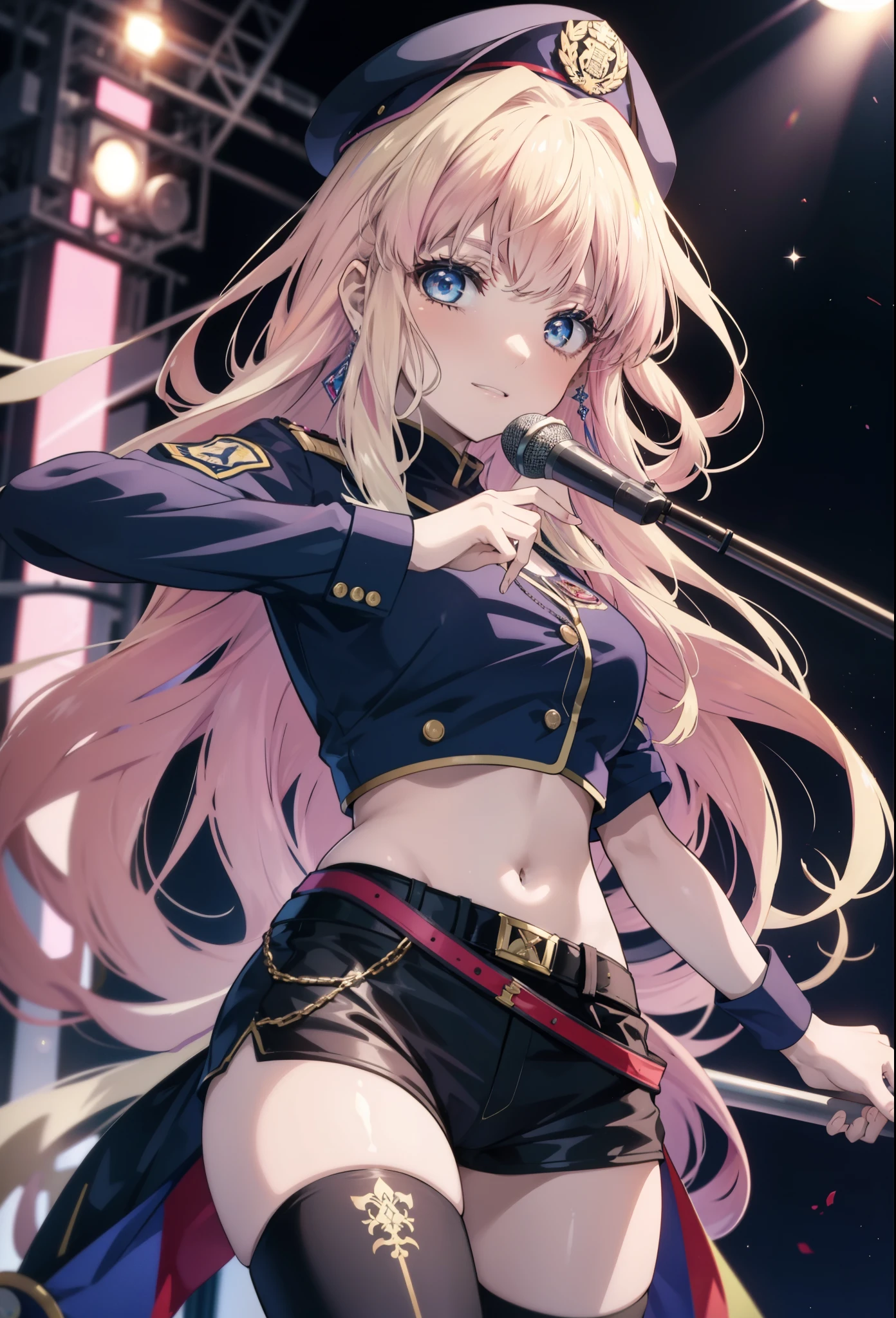 (anime:1.1), highest quality, table top,
1 girl, Shirley Nome, colorful hair, blonde hair, pink hair, gradation hair long hair, medium breasts, blue eyes, mature woman,  looking at the viewer, smile，stage performance, hot air，police hat,police uniform,Flag with a long pole on the left side,Place the shorts on your right hand above your waist.,knee high boots，put your hair back，アイドルsinger standing in the center of the stage，アイドルsinger holding a microphone and singing， アイドルsinger&#39;serious and powerful expression. singer&#39;&#39;s voice is powerful and beautiful，fans gather around the stage， ファンはアイドルsingerと一緒に歌ったり踊ったりしています
