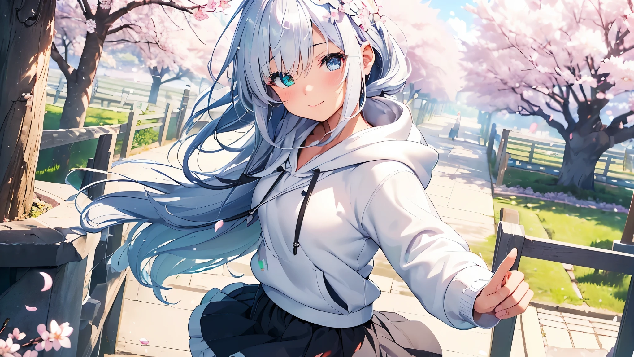 Best quality、photorealistic、super detail、delicate、orderly、high detail、bluish silver ponytail、(droopy iris of heterochromia,glowing eyes:1.4)、、、big smile、slender、full body、blurred background、(1 girl:1.2)、dynamic angle、game CG、(Spring day when cherry blossoms bloomed、petals dancing in the wind、SakuraFubuki、white hoodie、sweater with open chest、fluffy skirt、spring clothes:1.3),ambient occlusion、ambient light、raytracing reflections、glow、shining hair、