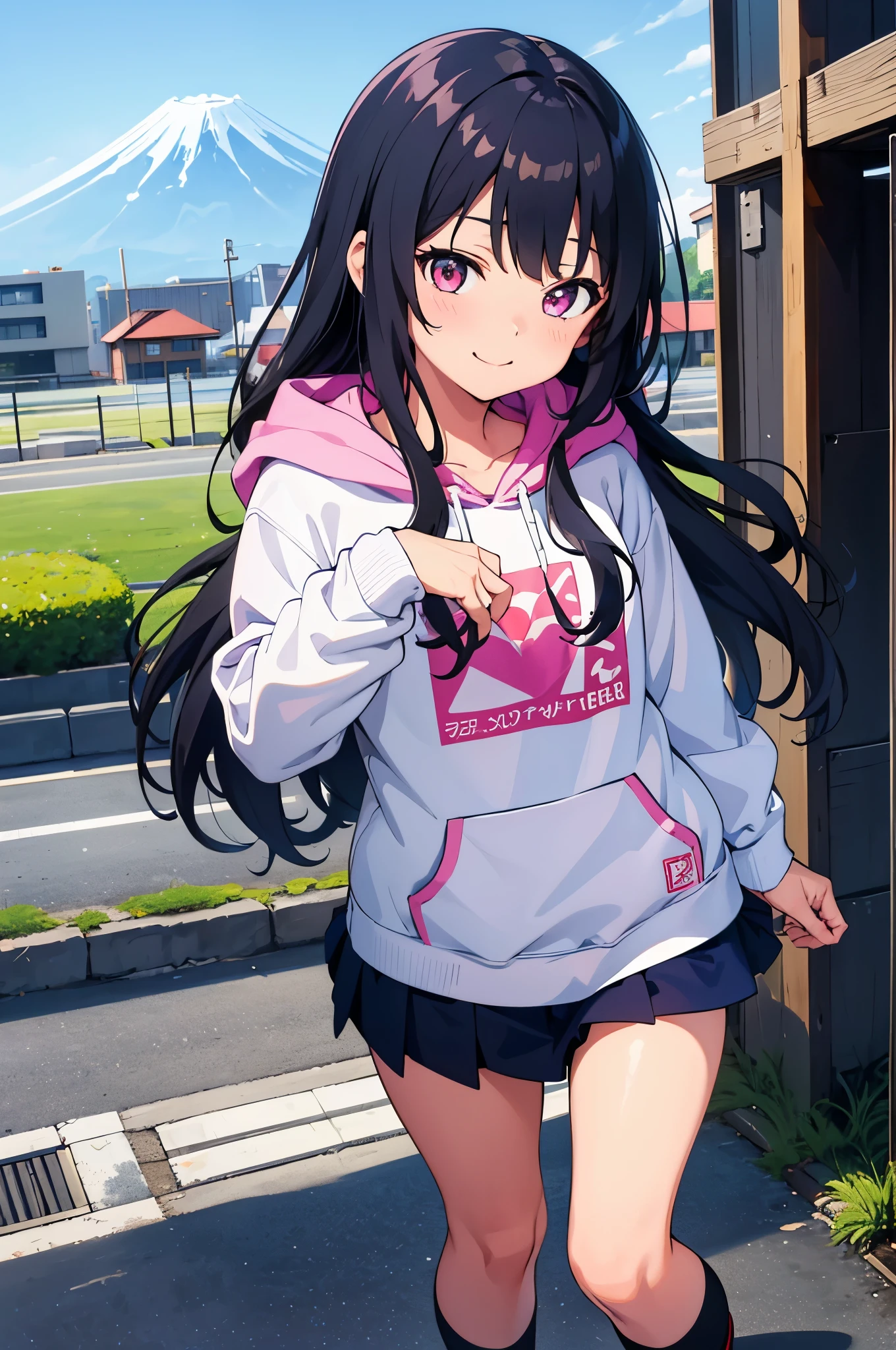 At the foot of Mt. Fuji　field　　8-year-old　flat chest　blhair　g hair　eyes are purple　smile（（1 person））　Hooded hoodie with upper body pink　Lower body navy blue miniskirt　white panties　white socks　sports boots　daytime　Are standing　（（スカートがめくれてwhite pantiesが見える））　dynamic angle　from the front　Low - Angle