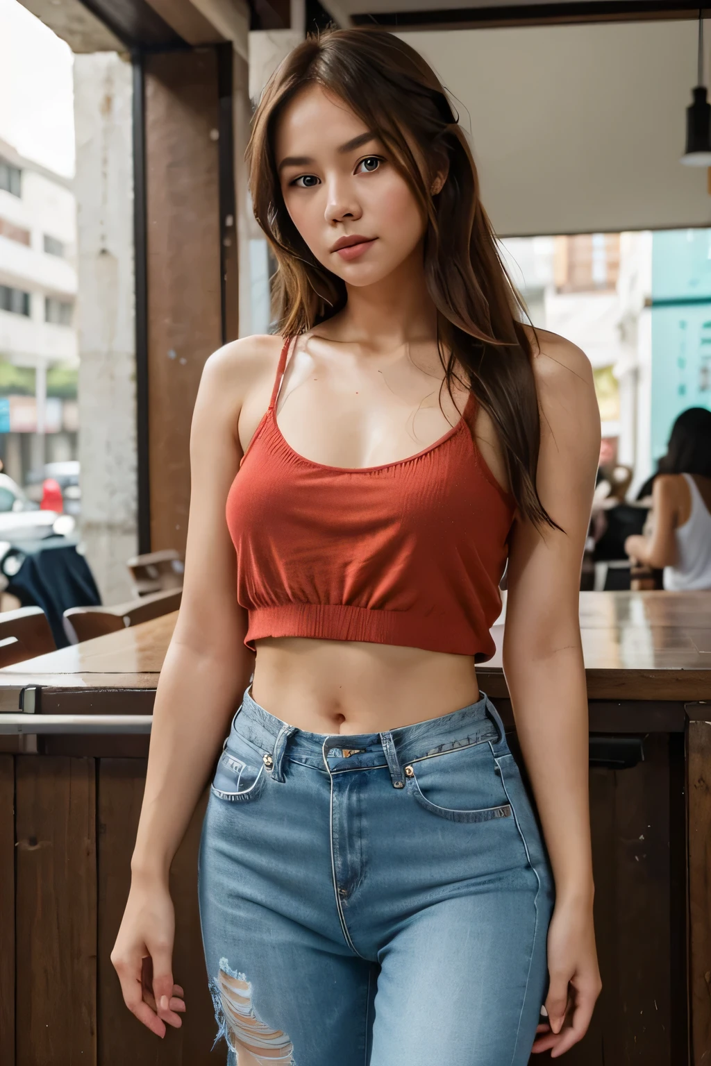 Thai girl. She exudes confidence in tight, faded blue jeans and a red cut-out shirt., Effortlessly blends casual and chic.. Her flowing brown hair made her face adorned with blue eyes stand out., Adding a mesmerizing charm to her overall beauty..
