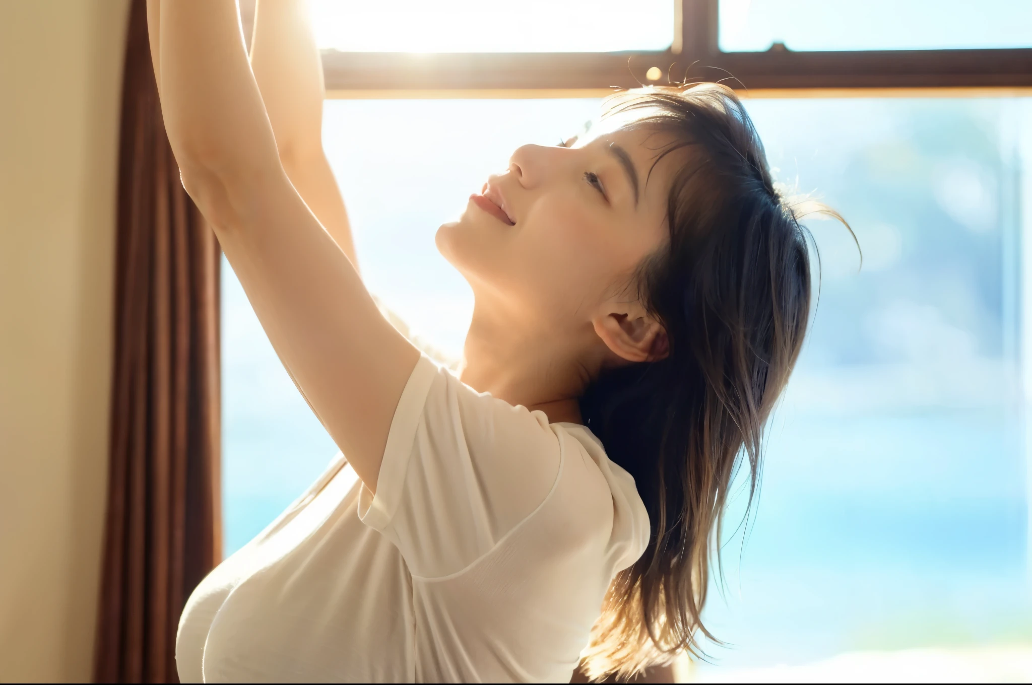 ((highest quality)), ((masterpiece)), (be familiar with), perfect face、Japanese woman stretching her arms after waking up in the morning、Sunlight is shining in、bright room、light is shining、smile、((朝起きてRefreshingした顔)), ((looking up at the sky))、((Refreshing)),