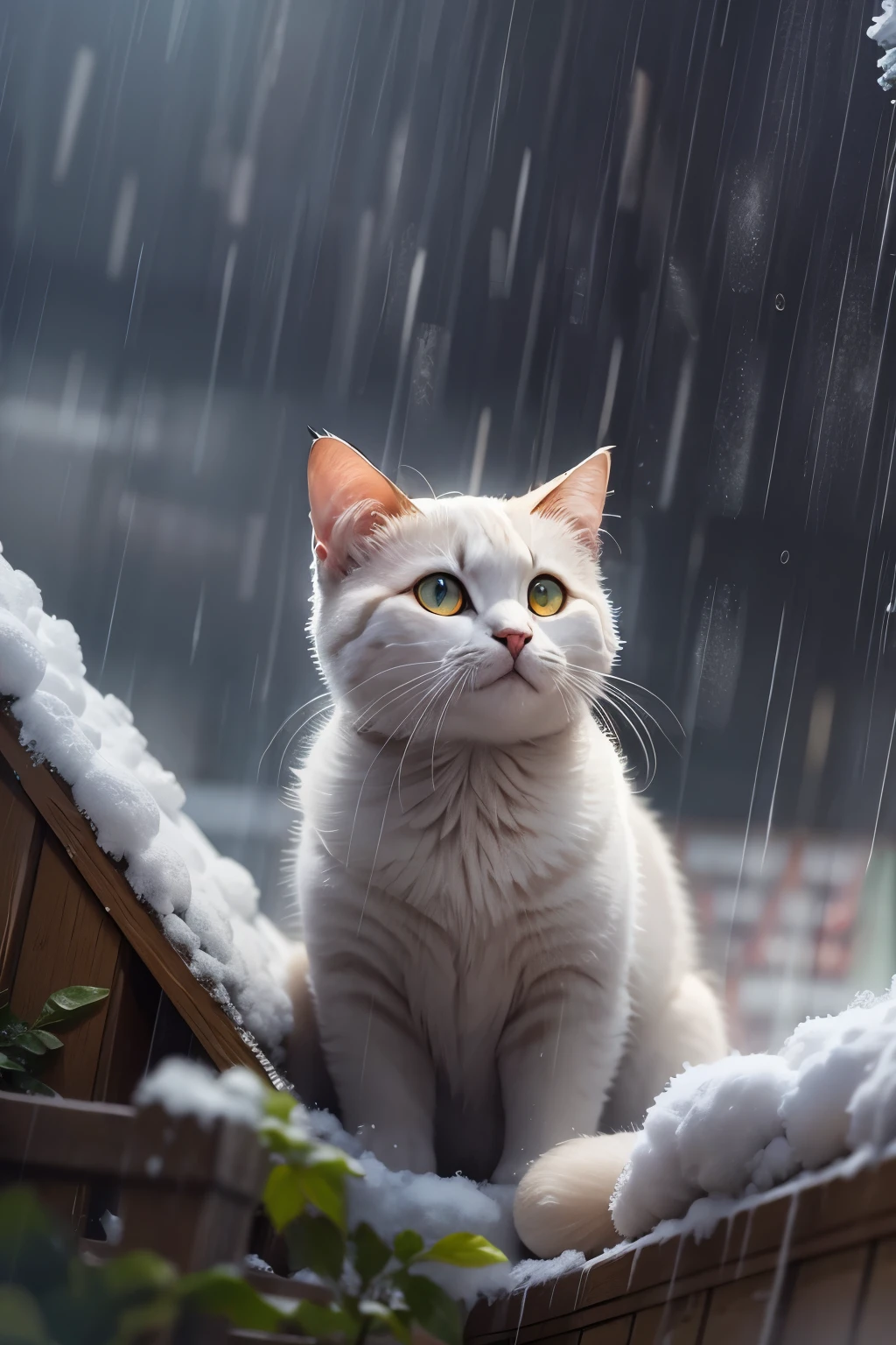 snow day, cute cat with round eyes, Taking shelter from the rain under the big roof, countryside.
