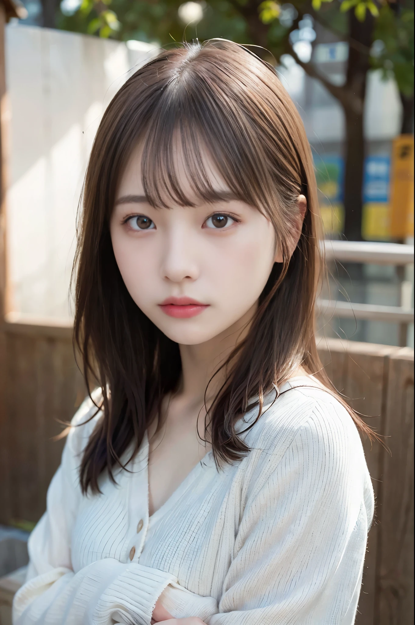 ((masterpiece,best quality 1.4)), (8k,RAW photo:1.2), (realistic,photo realistic:1.4), ultra high resolution , (Highly detailed 8K wallpaper) ,japanese idol, Japanese actress, Japanese, very cute, Big eyes, highly detailed eyes and face, Beautiful eyes in every detail,shiny skin,portrait,(medium hair and straight hair :1.3), professional lighting, sharp focus, Depth of the bounds written , blur background, Bokeh,(white sweater)