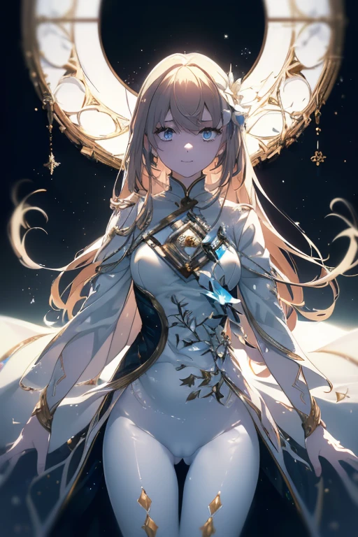 (masterpiece, best quality, ultra high resolution), 1 girl, White tights, ((light brown, light brown hair:0.7), cut long hair, pale skin, ((blue Eye)), luminescent_Eye, neon Eye, (ultra detailed Eye, Beautiful and detailed face, detailed Eye), ((center)), Smile, ((广角镜head)), for the audience, eye level, (blurry, bright snowy, winter), medium breasts, looking at the audience, ((half closed Eye)), ((perfect hands)), (((head,waist,crotch, in sight))), ((Put your hands behind your back)), empty Eye, beautiful lights, external, Outdoor activities, background, clear topic, 18 years old