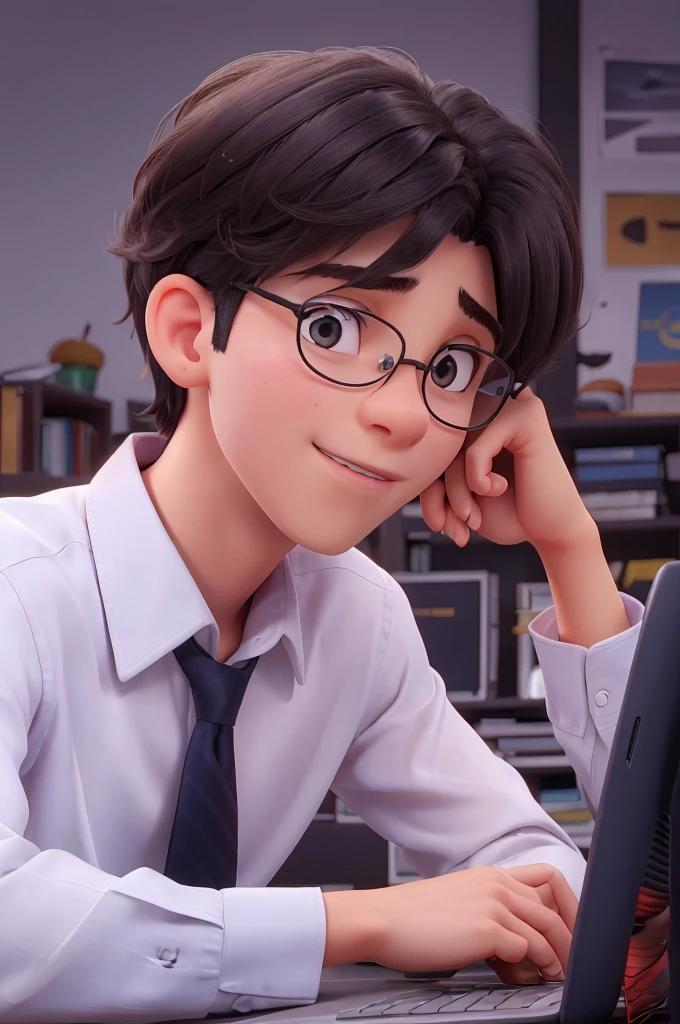 1 boy, black hair, short hair, slanted eyes,dark blue formal shirt,white skin, 18 years old,working on computer, in the office,cinematic footage, darker background,