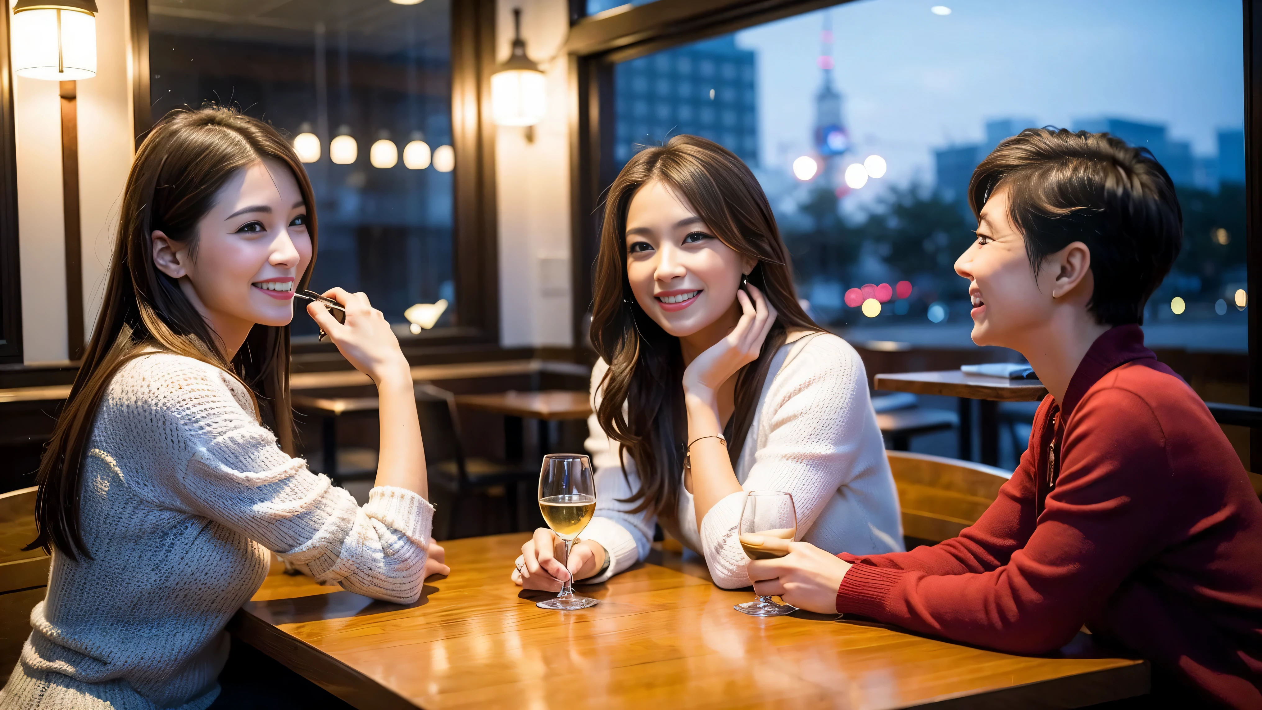 64k, Hmm, highest quality, masterpiece: 1.2), (realistic, photorealistic: 1.37),やわらかなsmile、gentle expression、 Super detailed, celebration party、beauty、charm、beautiful mature woman、3 women who love wine、three men、Tokyo、Yokohama、Champagne、sparkling wine、winter night、restaurantでワイン宴会、(slimな男女4名),(Wine party for 5 people)、(slimフェイス),Happy、 最高なsmile、Fox face、Berry Short、(because I'thin), (brown hair), (shortcut), long sleeve shirt、winter fashion、Columbia、Brazilian、Japanese、Dutch、German、Portuguese、Belgian、Italian、French, (Squirting), (slimボティ), (brown hair), (shortcut), 端正なbeauty、cheeks turn a little red, (41 years old), 38 years old, 35 years old、32 years old、 A beautiful and detailed night view spreads out outside the window..........., restaurant, wine glassが座っている, At night, in a prominent place (from the Upper body) nova frog style, actress, model, Upper body, White wine, slim, wine glass, Very beautiful night view, wine glass Put in the Middle, Happy smile, (smile: 1.15),