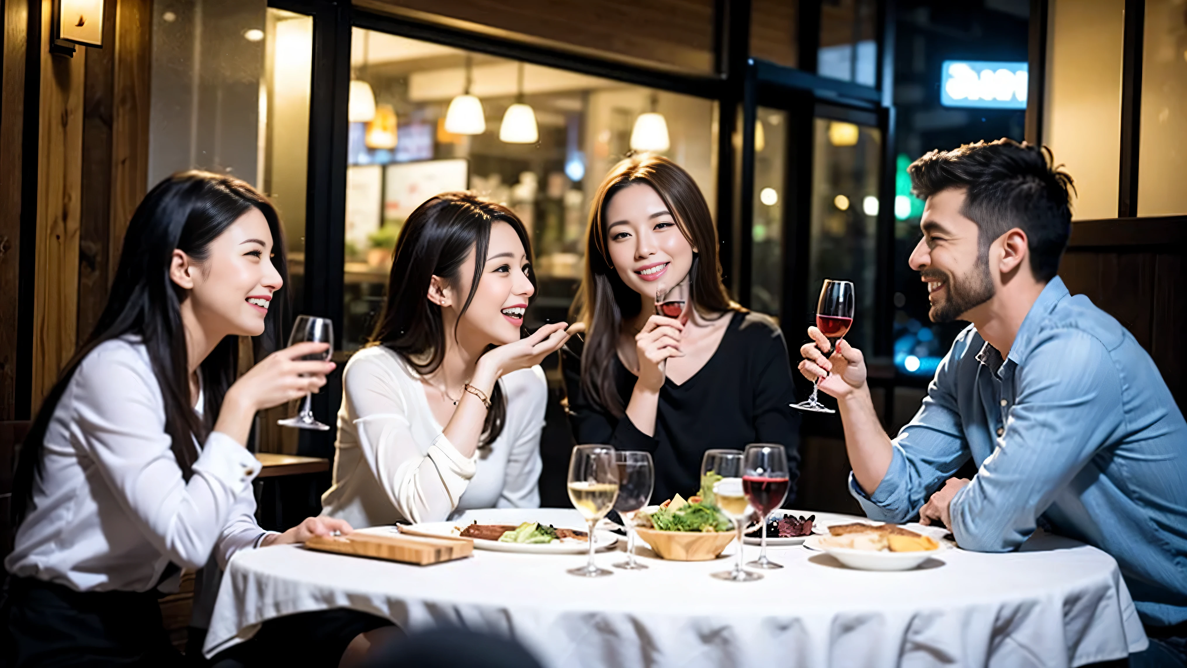 64k, Hmm, highest quality, masterpiece: 1.2), (realistic, photorealistic: 1.37),やわらかなsmile、gentle expression、 Super detailed, celebration party、beauty、charm、beautiful mature woman、3 women who love wine、three men、Tokyo、Yokohama、Champagne、sparkling wine、winter night、restaurantでワイン宴会、(slimな男女4名),(Wine party for 5 people)、(slimフェイス),Happy、 最高なsmile、Fox face、Berry Short、(because I'thin), (brown hair), (shortcut), long sleeve shirt、winter fashion、Columbia、Brazilian、Japanese、Dutch、German、Portuguese、Belgian、Italian、French, (Squirting), (slimボティ), (brown hair), (shortcut), 端正なbeauty、cheeks turn a little red, (41 years old), 38 years old, 35 years old、32 years old、 A beautiful and detailed night view spreads out outside the window..........., restaurant, wine glassが座っている, At night, in a prominent place (from the Upper body) nova frog style, actress, model, Upper body, White wine, slim, wine glass, Very beautiful night view, wine glass Put in the Middle, Happy smile, (smile: 1.15),