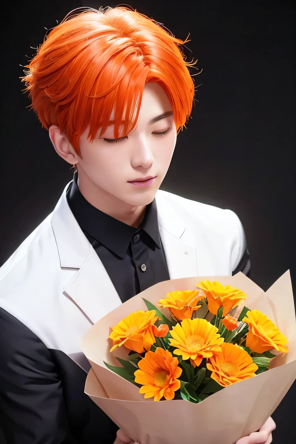 1 person、high quality，masterpiece，4k,、(orange hair)、bouquet、white shirt、 (shot from above)、(head shot)、((low illumination ))、the background is black、in the dark