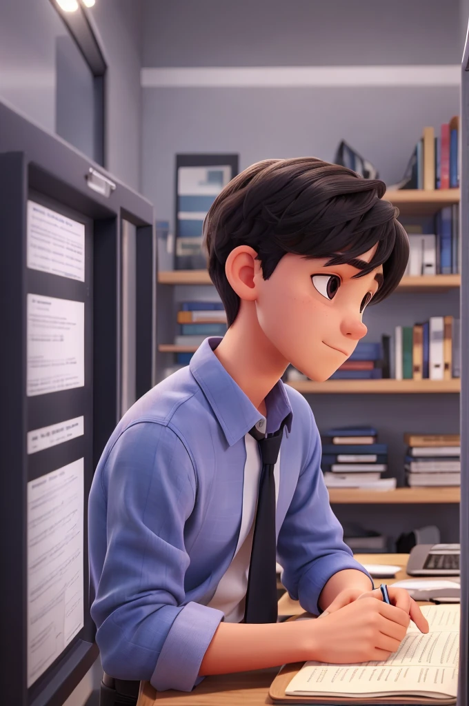 1 boy, black hair, short hair, slanted eyes,dark blue formal shirt,white skin, 18 years old,working on computer, in the office,cinematic footage, darker background,