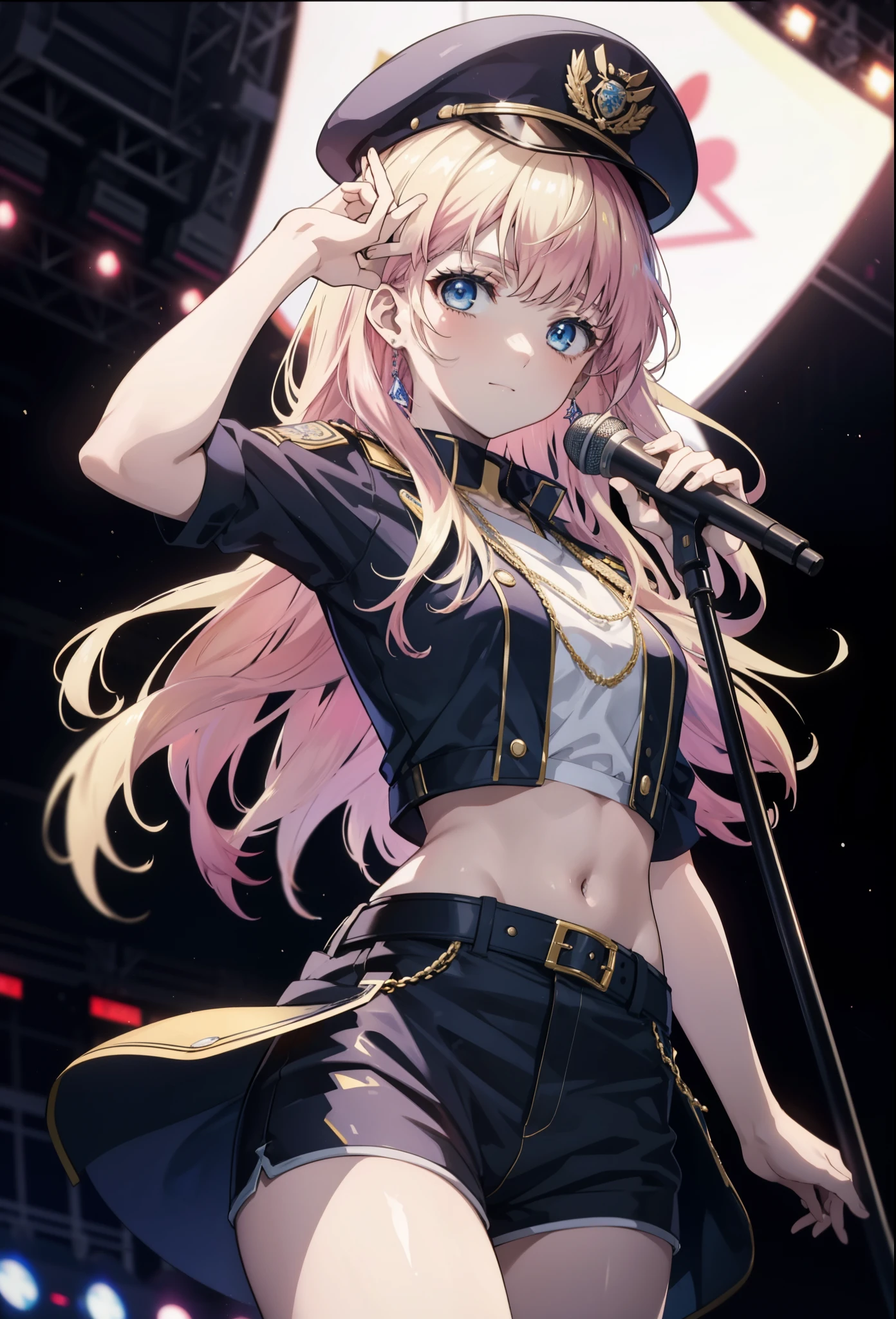 (anime:1.1), highest quality, table top,
1 girl, Shirley Nome, colorful hair, blonde hair, pink hair, gradation hair long hair, medium breasts, blue eyes, mature woman,  looking at the viewer, smile，stage performance, hot air，police hat,police uniform,Flag with a long pole on the left side,Place the shorts on your right hand above your waist.,knee high boots，put your hair back，アイドルsinger standing in the center of the stage，アイドルsinger holding a microphone and singing， アイドルsinger&#39;serious and powerful expression. singer&#39;&#39;s voice is powerful and beautiful，fans gather around the stage， ファンはアイドルsingerと一緒に歌ったり踊ったりしています