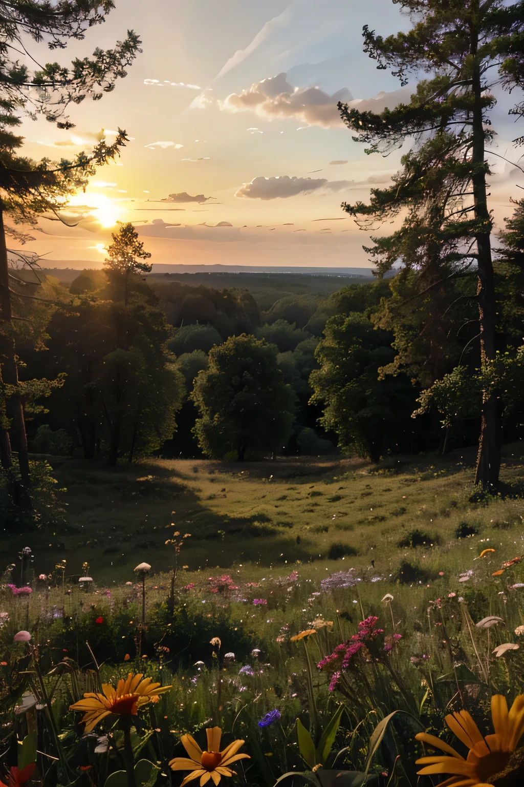 Sonnenaufgang auf der Waldwiese mit Waldblumen