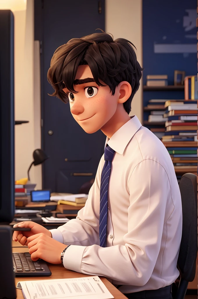 1 boy, black hair, short hair, slanted eyes,dark blue formal shirt,white skin, 18 years old,working on computer, in the office,cinematic footage, darker background,