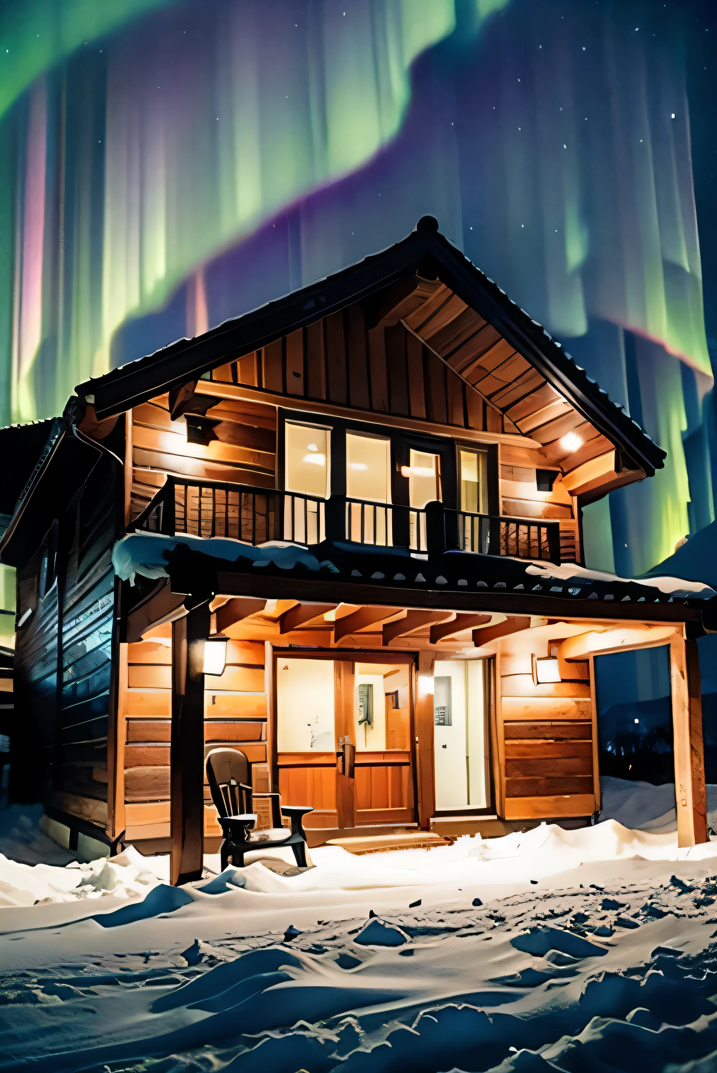 wooden house,snow mountain,aurora,warm color