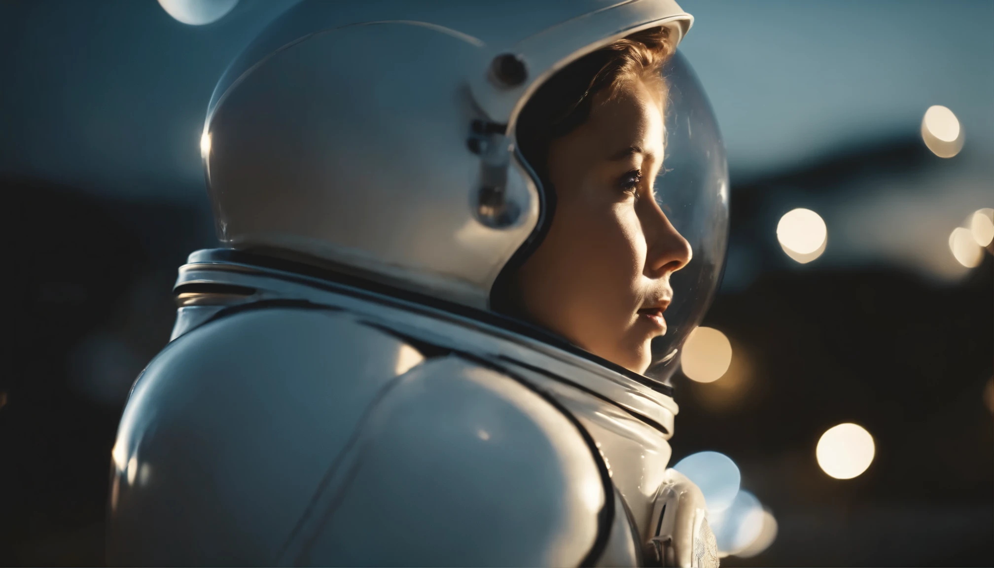 Beautiful girl wearing a light bulb space suit　Angle from the side、whole body、