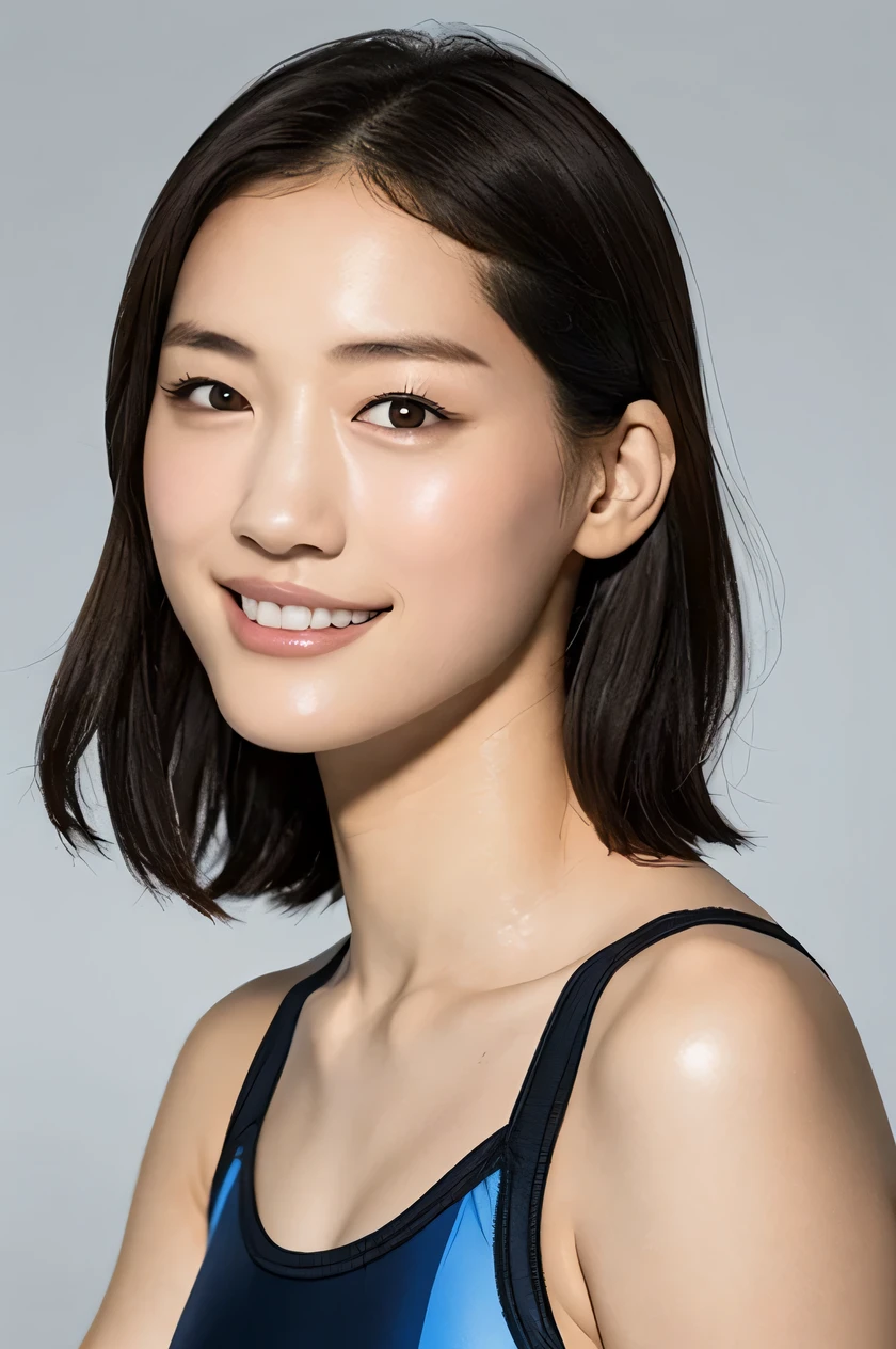 one girl, (a beauty girl, delicate girl:1.3), (, gal:1.3), (swim wear:1.2), very fine eye definition, (symmetrical black eyes:1.3), stare at the camera, A big smile, show teeth, (trackfield view:1.2), small breasts, brown short hair, girl, (eyes and faces with detailed:1.5), (masterpiece, best quality, ultra detailed, detailed face, 8k), cowboy shot from the upper,