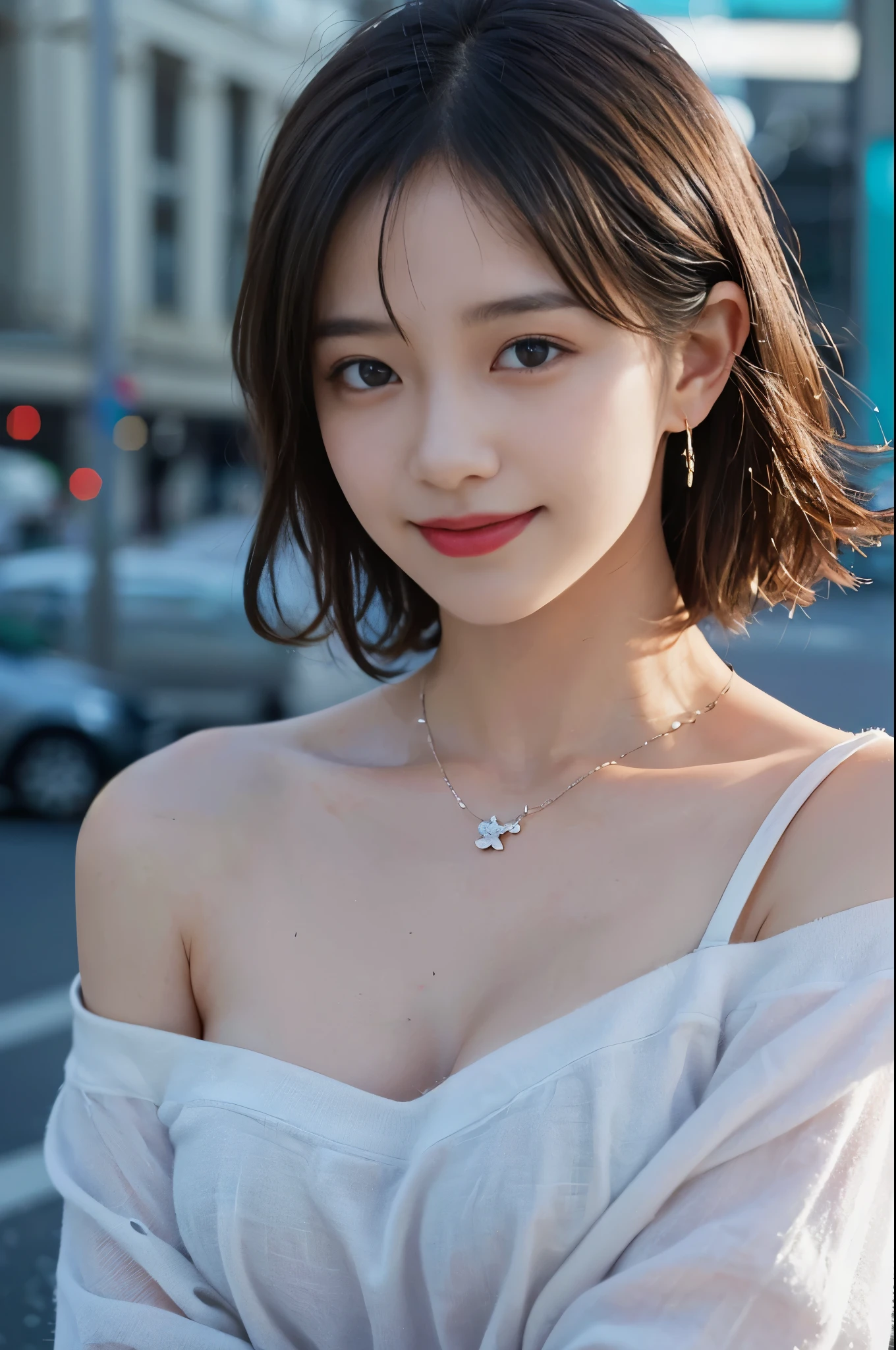 highest quality, masterpiece, 超High resolution, (realistic:1.5), RAW photo, 1 girl, off shoulder(highest quality、8k、32K、masterpiece、Hmm:1.2)、cute日本人女性の写真、bob hair、Upper body、surface focus、necklace、simple background、looking at the viewer、(looking at the camera:1.4)、mix 4、(8k、Raw photo、highest quality、masterpiece:1.2)、(realistic、Photoreal:1.37)、1 girl、cute、cityscape、night、rain、Wet、professional lighting、photon mapping、radio city、Physically based rendering、gradient brunette hair、short curly hair、Handsome、Girly、white ball set、excellent image quality、High resolution、1080p、(clean face)、(Detailed facial description)、(detailed description of hands)、(Masseter muscle part)、(Detailed CG)、 extreme light and shadow、masterpiece、rich details、(exquisite features)、(best image quality)、(masterpiece)、(detailed eye)、looking forward to your eyes、delicate clavicle、(huge tit:1.2)、(smile:1.4)、white teeth、
