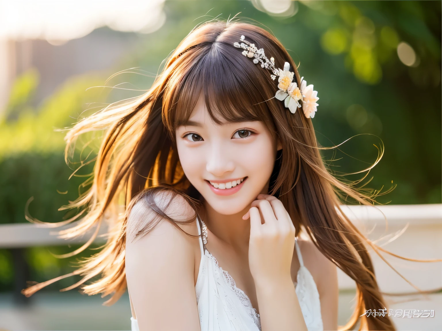 最high quality, table top, High resolution, 1 girl,beautiful faceの超High resolution画像,hair ornaments,chestnut hair,全身photograph, jewelry,beautiful face,Tyndall effect,realistic,full body image,(high definition skin:1.2),Looking at camera with a smile,full body digital single lens reflex camera, In the soft and bright sunlight,high quality, volume lighting, Frank, photograph, High resolution8k,