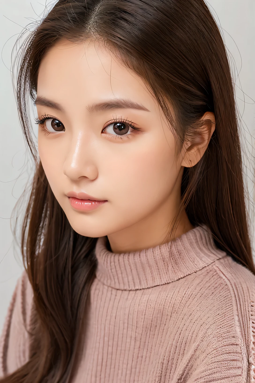 woman、super detailed face、double eyelid, medium hair、No bangs、clear eyes、knit sweater、Glossy skin, small head、whole body