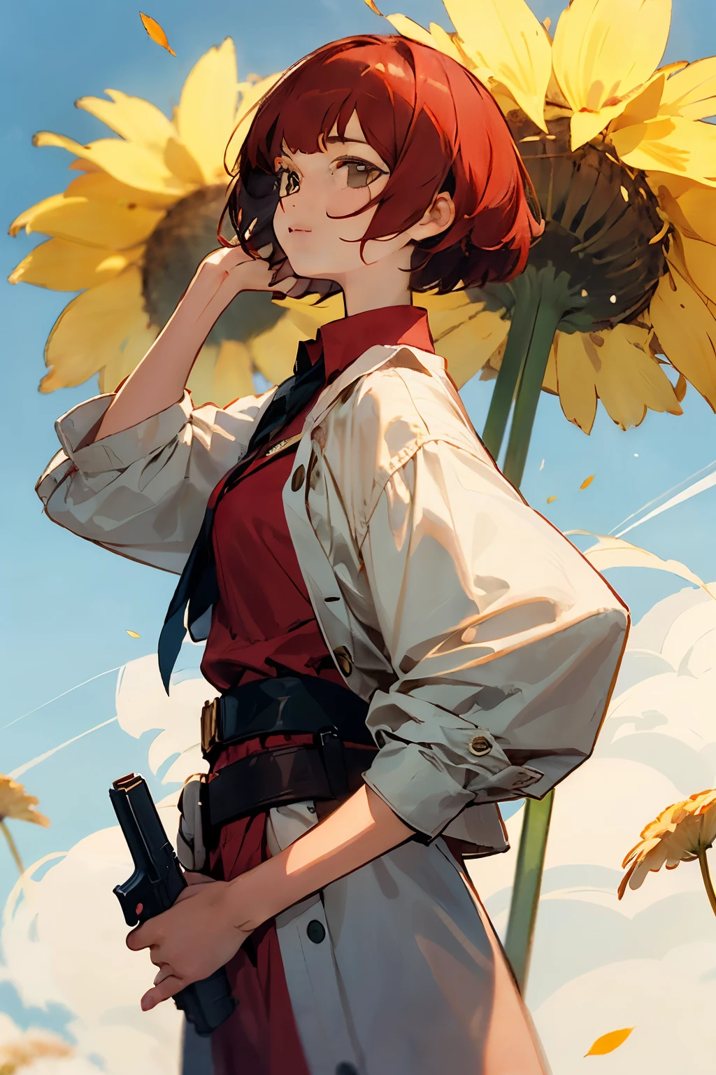 One girl shooting a large dandelion, one girl with one handgun in her hand, one girl with red and short hair, one girl with a dignified face, clothes are summer clothes