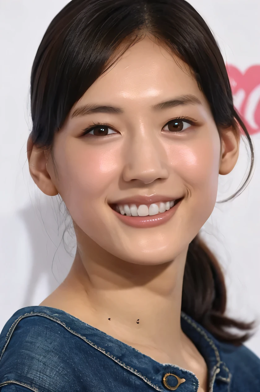 one girl, (a beauty girl, delicate girl:1.3), (, gal:1.3), (denim shorts:1.2), very fine eye definition, (symmetrical black eyes:1.3), stare at the camera, A big smile, show teeth, (trackfield view:1.2), small breasts, brown short hair, girl, (eyes and faces with detailed:1.5), (masterpiece, best quality, ultra detailed, detailed face, 8k),