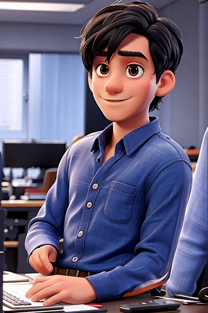 1 boy, black hair, short hair, slanted eyes,dark blue formal shirt,white skin, 18 years old,working on computer, in the office,cinematic footage, darker background,wide view, 1:6