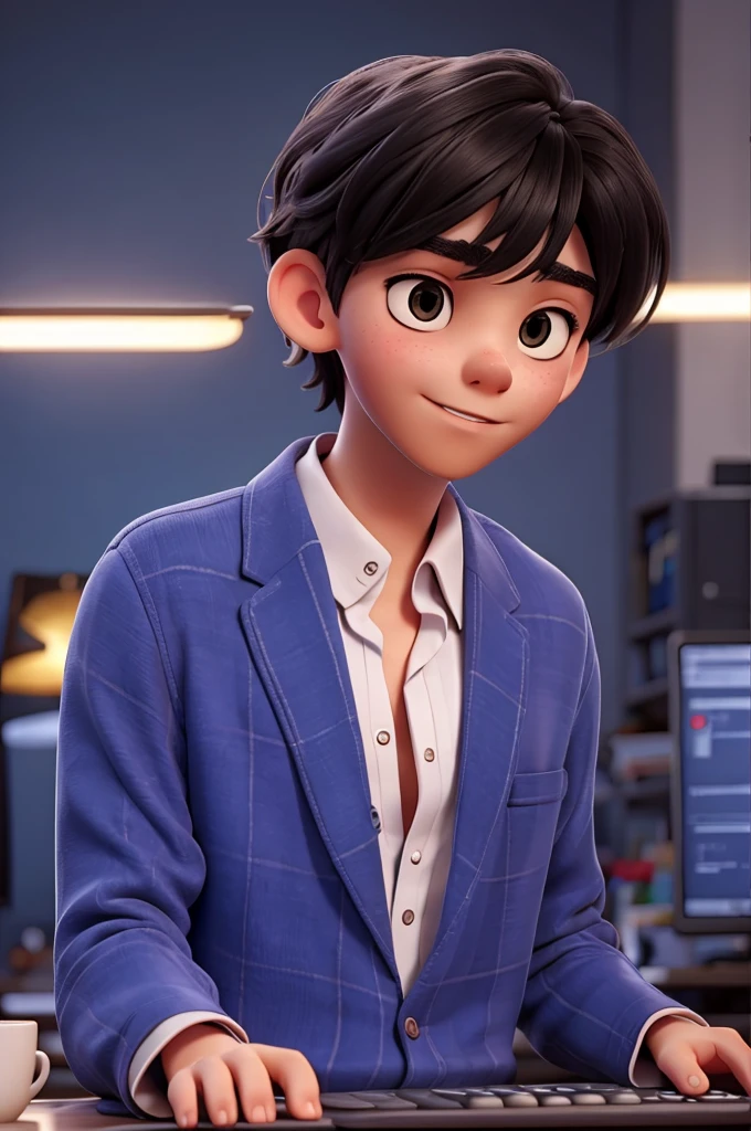 1 boy, black hair, short hair, slanted eyes,dark blue formal shirt,white skin, 18 years old,working on computer, in the office,cinematic footage, darker background,