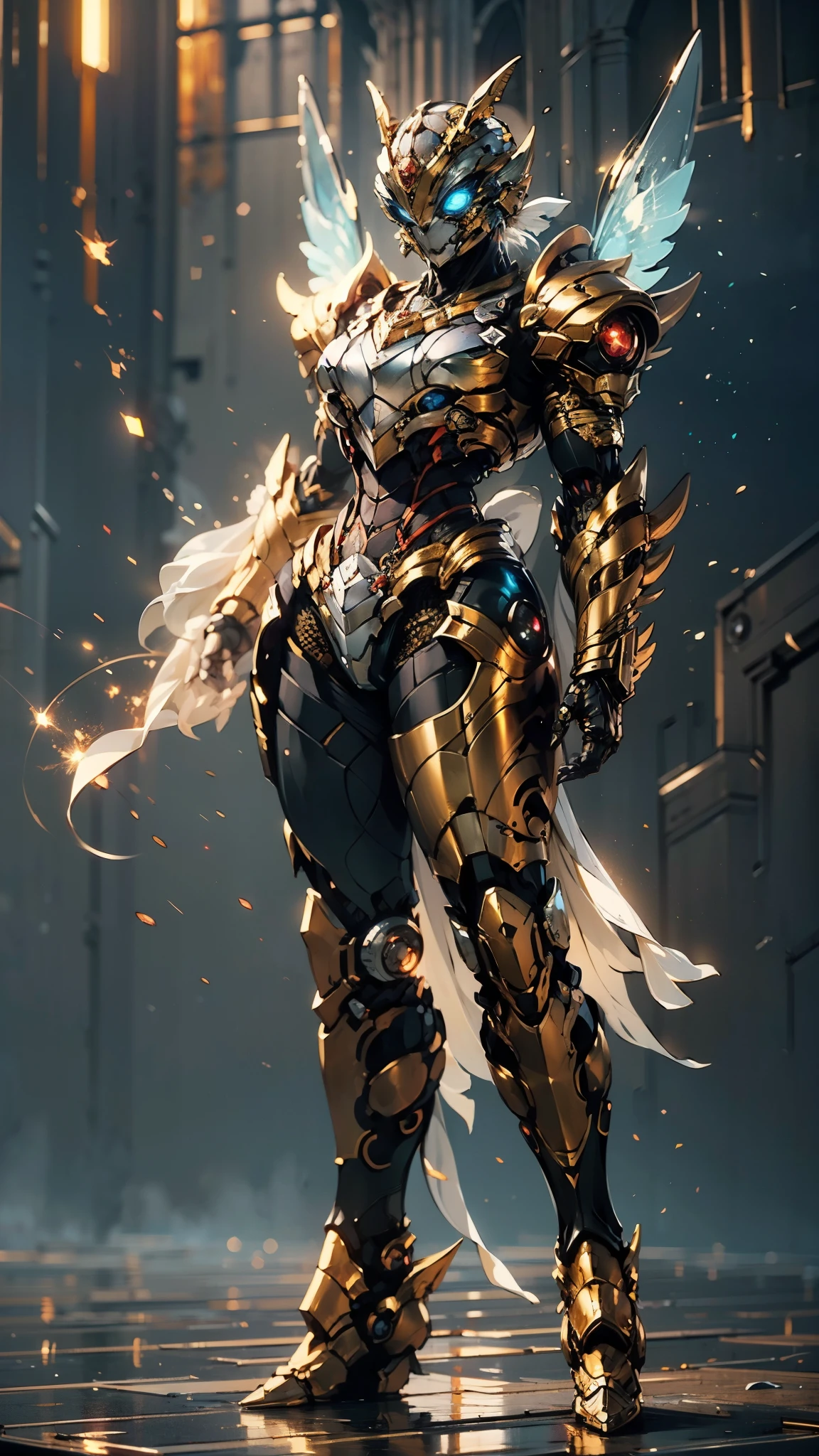 A woman adorned in fantasy-style full-body armor, a crown-concept fully enclosed helmet that unveils only her eyes, a composite layered chest plate, fully encompassing shoulder and hand guards, a lightweight waist armor, form-fitting shin guards, the overall design is heavy-duty yet flexible, (the armor gleams with a golden glow, complemented by red and blue accents), exhibiting a noble aura, she floats above a fantasy-surreal high-tech city, this character embodies a finely crafted fantasy-surreal style armored hero in anime style, exquisite and mature manga art style, (mixture of Queen bee and Spider concept Armor, plasma), ((Element, elegant, goddess, femminine:1.5)), metallic, high definition, best quality, highres, ultra-detailed, ultra-fine painting, extremely delicate, professional, anatomically correct, symmetrical face, extremely detailed eyes and face, high quality eyes, creativity, RAW photo, UHD, 32k, Natural light, cinematic lighting, masterpiece-anatomy-perfect, masterpiece:1.5