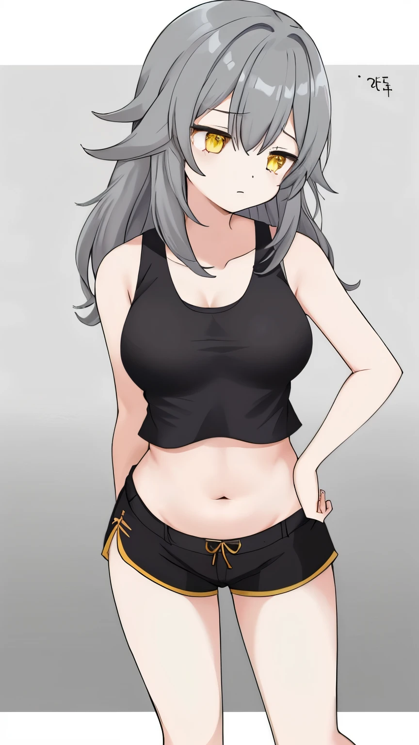 Her posture is hunched over, with slumped shoulders and folded arms or clasped hands. Her head is tilted slightly downwards, further accentuating the expression on her face. The overall effect is one of vulnerability, despair, and immense sadness.
BREAK
cute, anime, virtual youtuber, flat colors, full body, (wearing black tanktop:1.3), navel, (underboobs:1.2), dolphin shorts, grey hair, long hair, hand in pocket, stand up straight, yellow eyes, white background