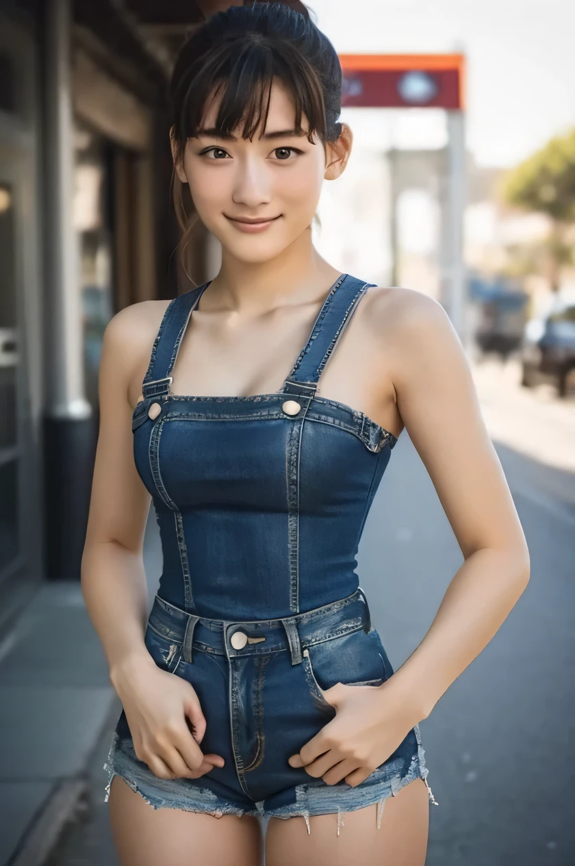 one girl, (a beauty girl, delicate girl:1.3), (************, gal:1.3), (denim shorts:1.2), very fine eye definition, (symmetrical black eyes:1.3), stare at the camera, A big smile, show teeth, (trackfield view:1.2), small breasts, brown short hair, girl, (eyes and faces with detailed:1.5), (masterpiece, best quality, ultra detailed, detailed face, 8k),